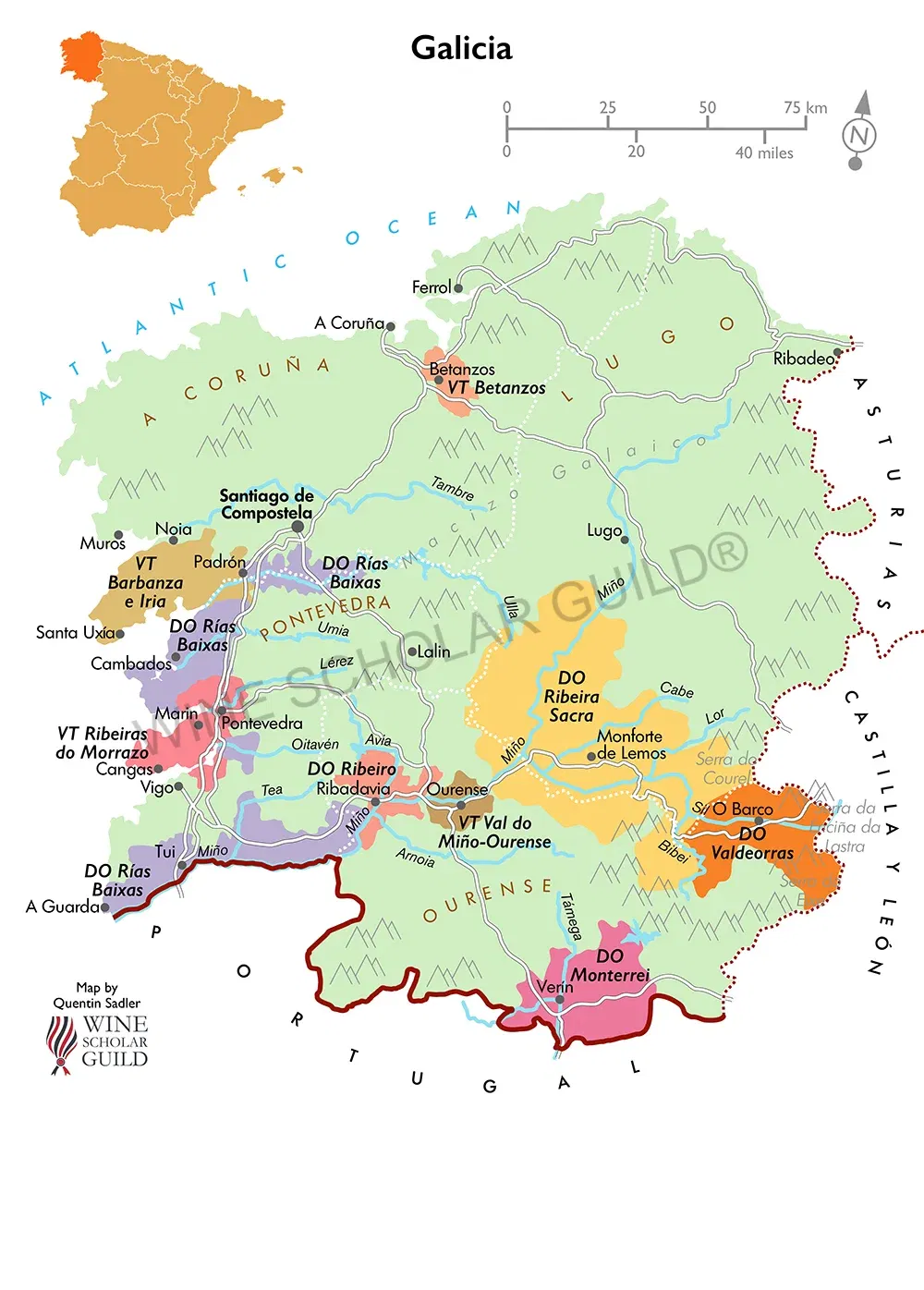 Galicia Spain Wine Map by Wine Scholar Guild Galicia wine map highlighting vineyards and DO zones including Rías Baixas, Ribeiro, Ribeira Sacra, Monterrei, and Valdeorras.