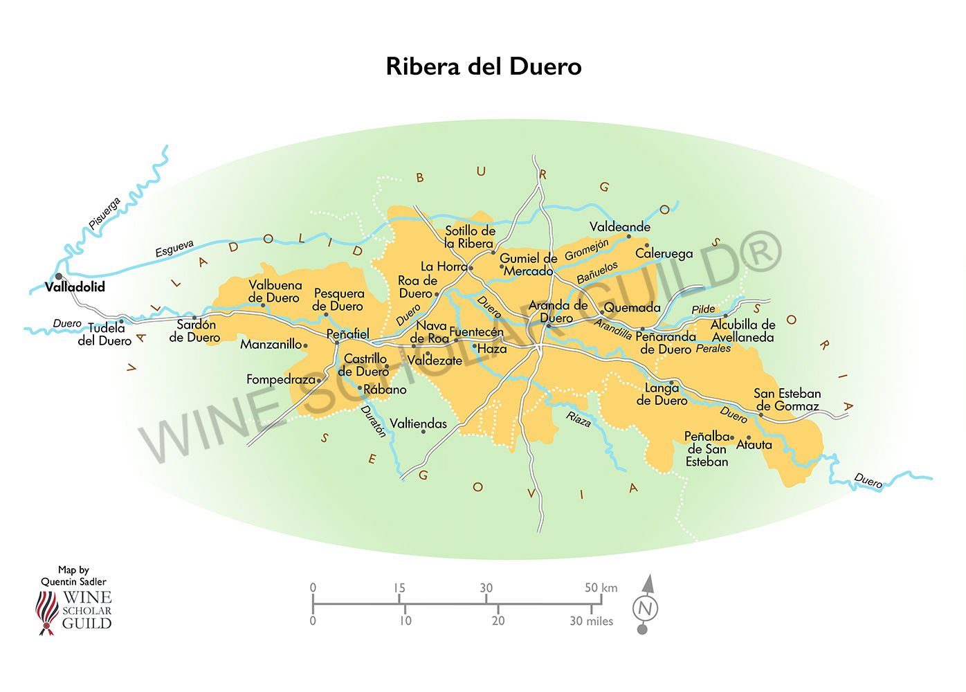 Ribera del Duero Wine Map by Wine Scholar Guild Ribera del Duero wine map highlighting vineyards, wineries, and DO zones across Valladolid, Burgos, Soria, and Segovia.