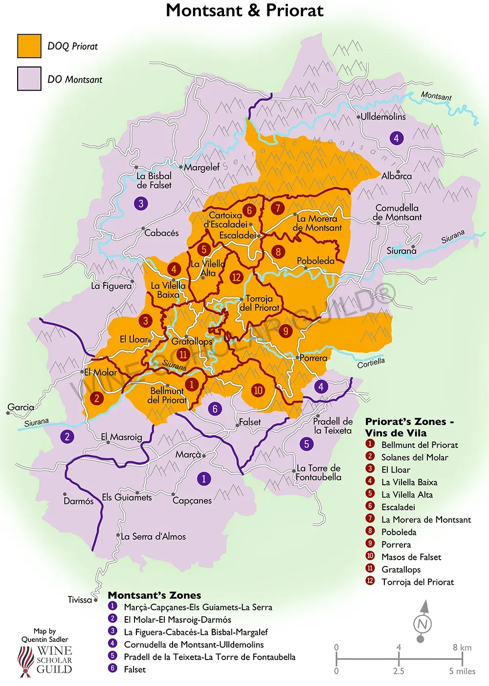 Priorat & Montsant Wine Map by Wine Scholar Guild Priorat and Montsant wine map highlighting vineyards and appellations including DOCa Priorat and DO Montsant.