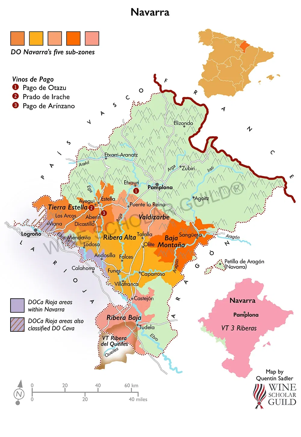 Navarra Wine Map by Wine Scholar Guild Navarra wine map showing vineyards and DO zones from the Pyrenees foothills to the Ebro Valley.