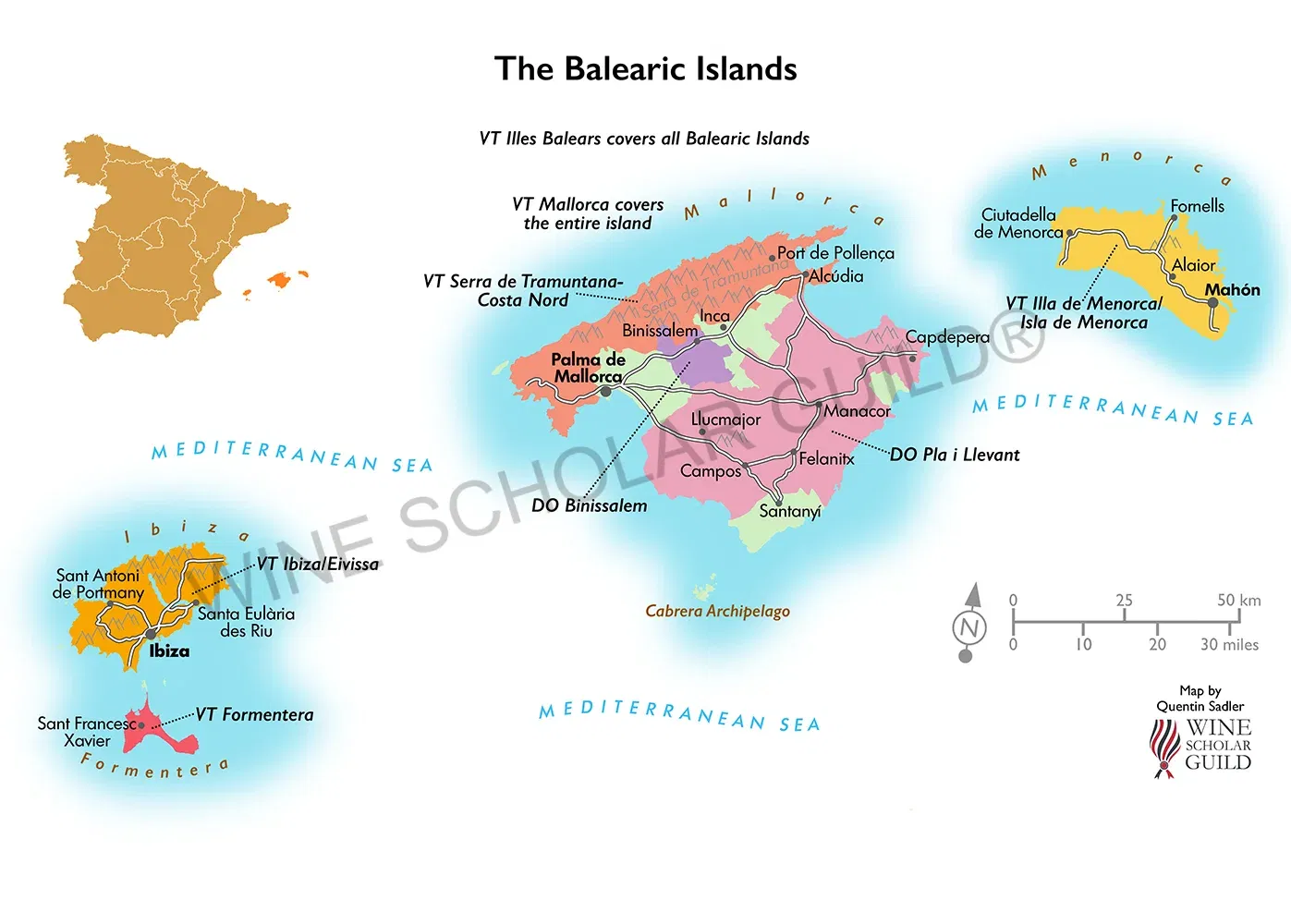 Balearic Islands Wine Map by Wine Scholar Guild Balearic Islands wine map showing vineyards and DO appellations including Binissalem and Pla i Llevant in Mallorca.