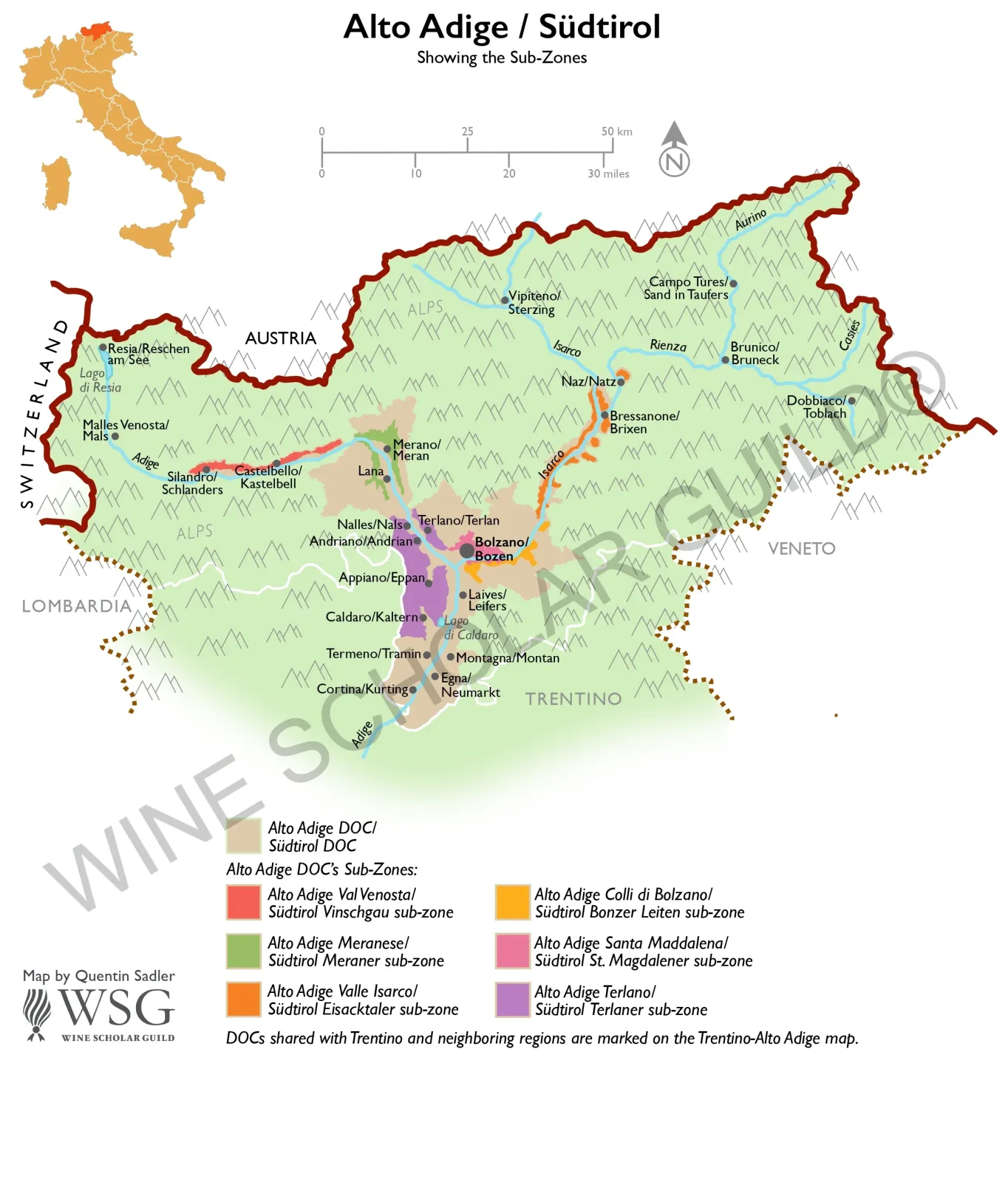 Alto Adige / Südtirol Wine Map by Wine Scholar Guild Alto Adige wine map showing vineyards and DOC areas across Bolzano, Merano, and Bressanone with key grape varieties like Gewürztraminer, Lagrein, and Pinot Grigio.