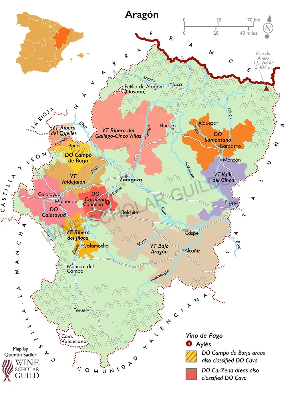 Aragon Wine Map by Wine Scholar Guild Aragón wine map showing vineyards and appellations such as Cariñena, Campo de Borja, Calatayud, and Somontano.