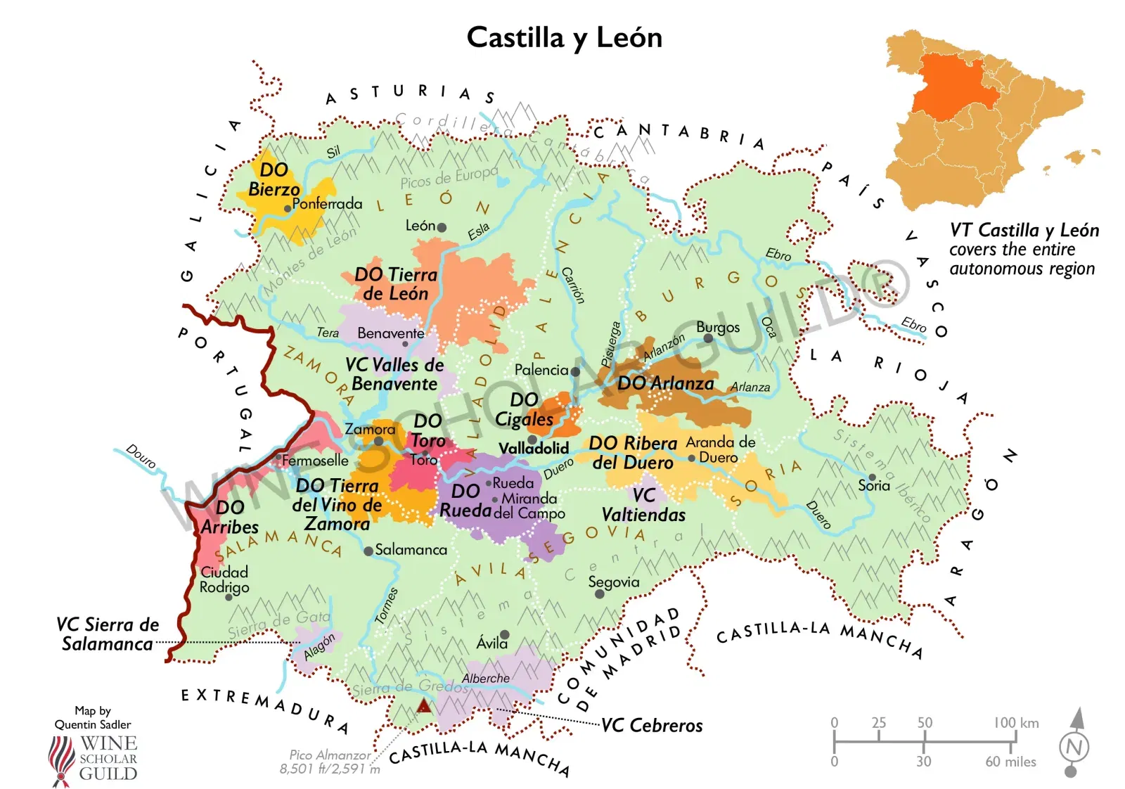 Castilla y Leon Wine Map by Wine Scholar Guild Castilla y León wine map highlighting vineyards and appellations such as Ribera del Duero, Rueda, Toro, and Bierzo.