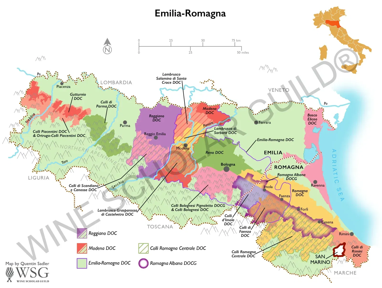 Emilia-Romagna Wine Map by Wine Scholar Guild Emilia-Romagna wine map showing vineyards and appellations including Lambrusco, Sangiovese di Romagna, and Albana di Romagna.
