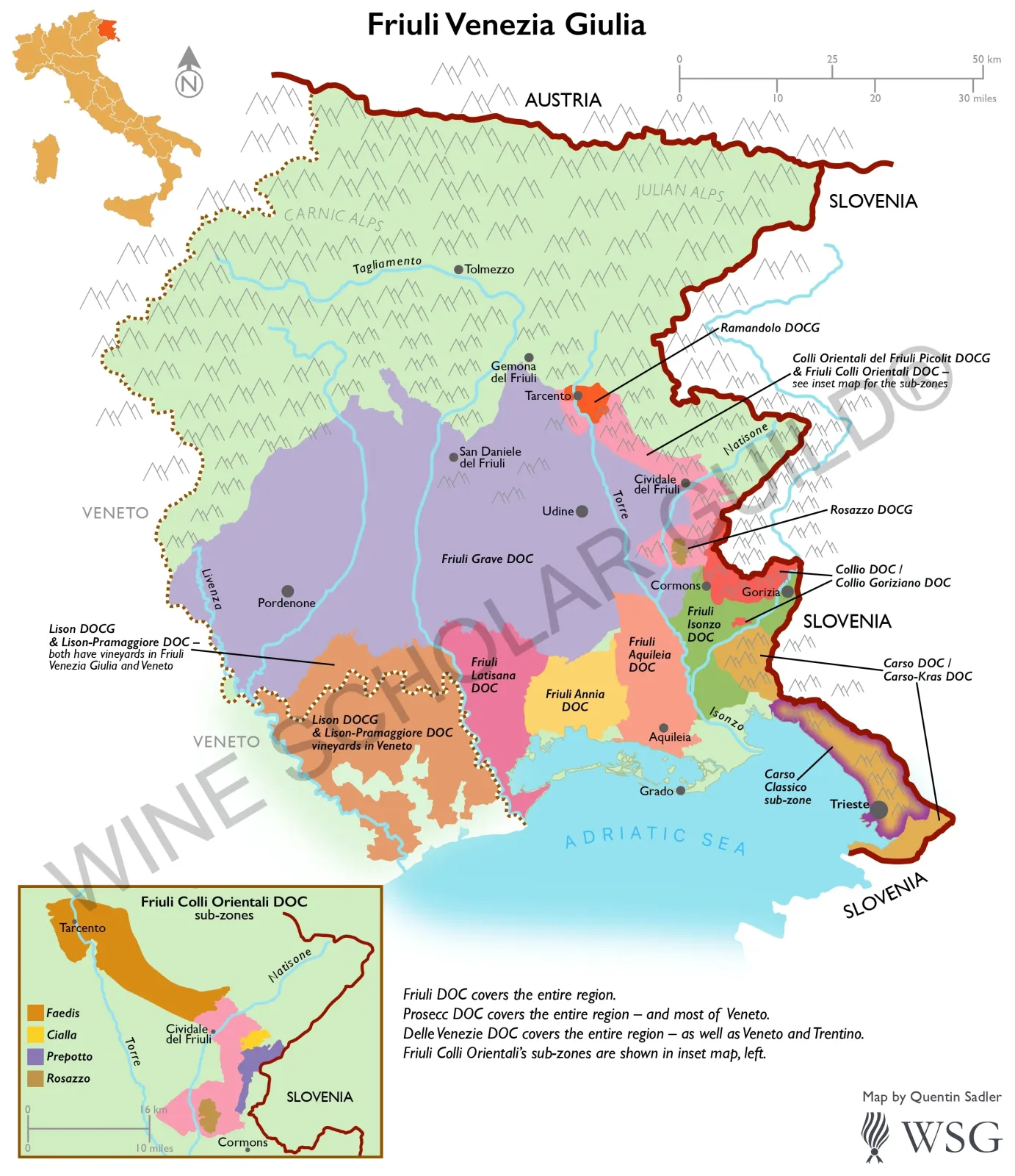 Friuli-Venezia Giulia Wine Map by Wine Scholar Guild Friuli-Venezia Giulia wine map showing vineyards and appellations including Collio, Friuli Grave, and Colli Orientali del Friuli.