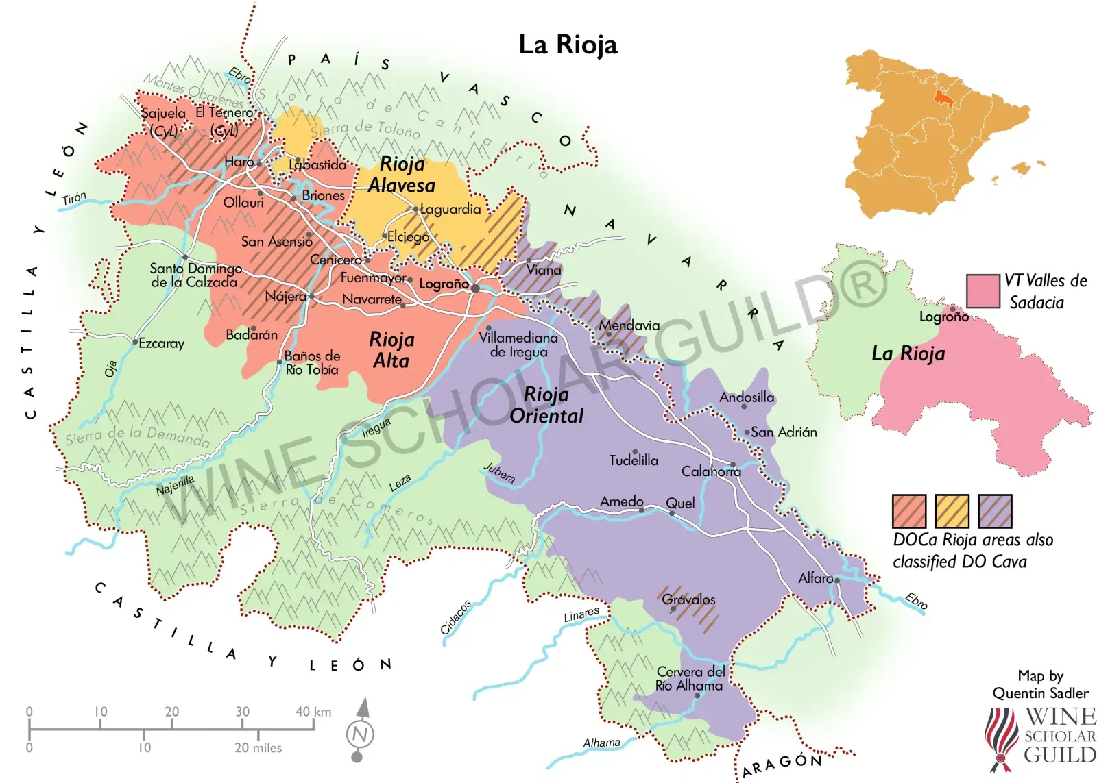 La Rioja Wine Map by Wine Scholar Guild La Rioja wine map showing vineyards and subzones Rioja Alta, Rioja Alavesa, and Rioja Oriental (Baja).