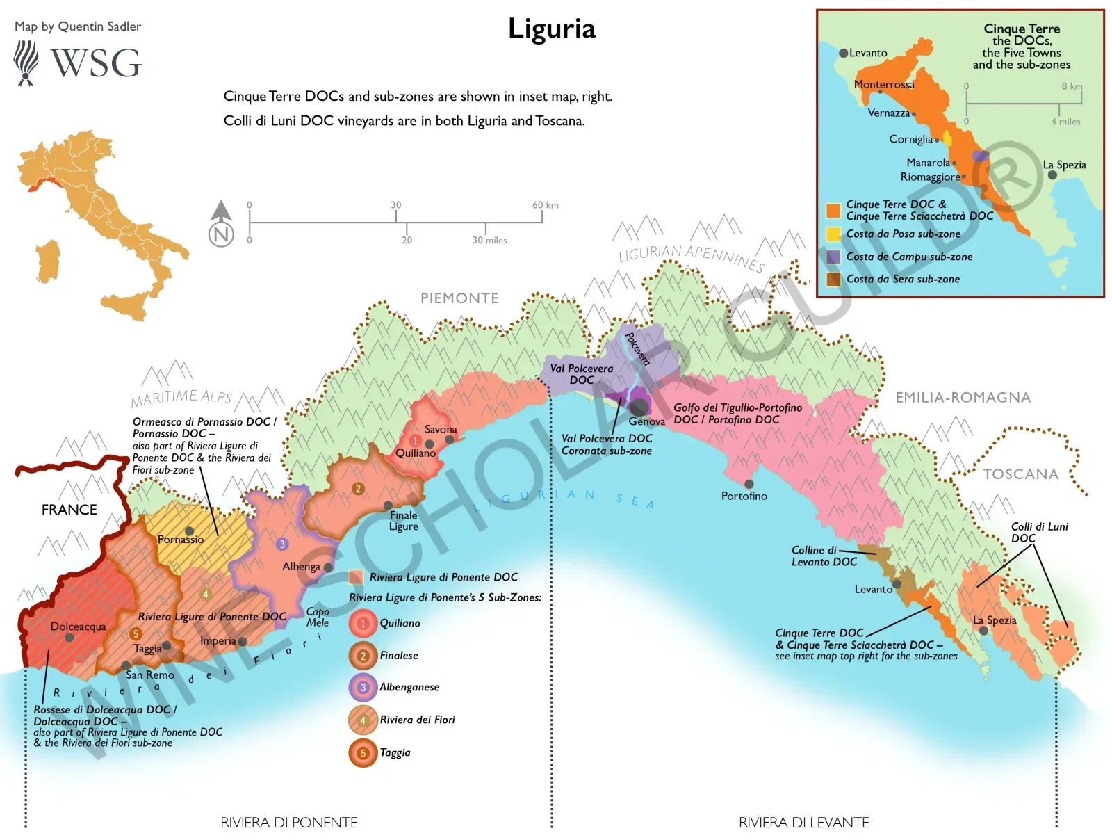 Liguria Wine Map by Wine Scholar Guild Liguria wine map showing vineyards and DOC areas such as Cinque Terre, Rossese di Dolceacqua, and Colli di Luni.