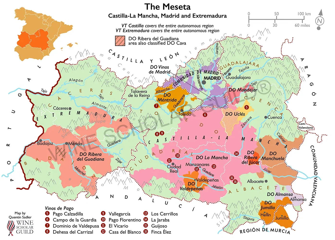 The Meseta Wine Map (Castilla-La Mancha, Madrid and Extremadura) by Wine Scholar Guild Meseta wine map showing vineyards and DO appellations including La Mancha, Valdepeñas, Almansa, Ribera del Guadiana, and Vinos de Madrid.