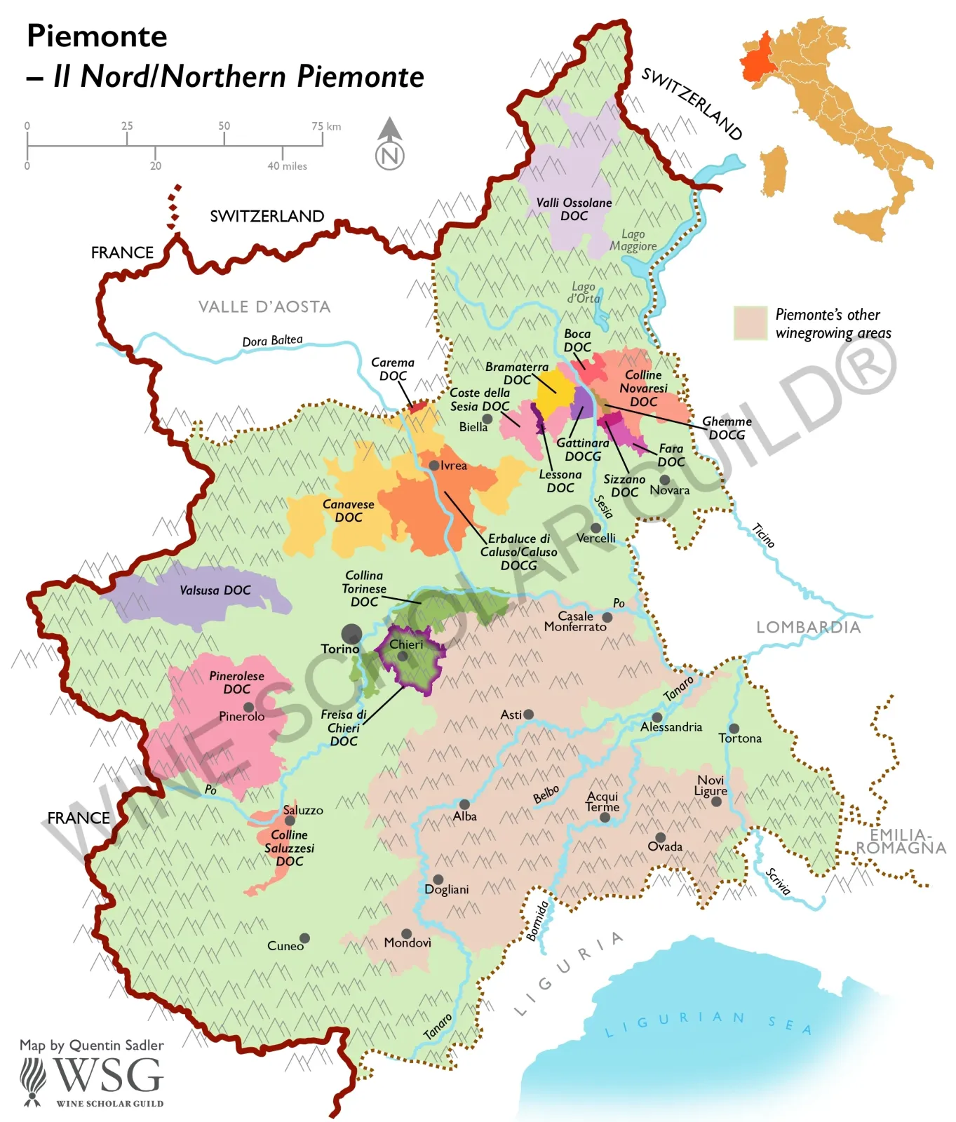 Northern Piemonte Wine Map by Wine Scholar Guild Northern Piemonte wine map showing appellations including Gattinara, Ghemme, and Lessona.