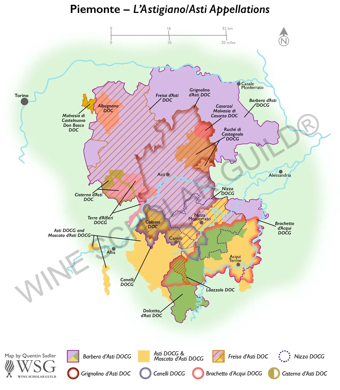 Piemonte Asti Appellations Wine Map by Wine Scholar Guild Piemonte Asti appellations wine map featuring vineyards producing Moscato d’Asti, Asti Spumante, and Barbera d’Asti.