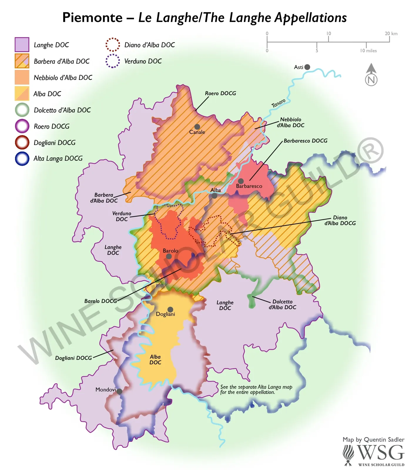 Piemonte Le Langhe The Langhe Appellations Wine Map by Wine Scholar Guild Langhe wine map showing vineyards and appellations including Barolo, Barbaresco, Dolcetto d’Alba, and Nebbiolo d’Alba.