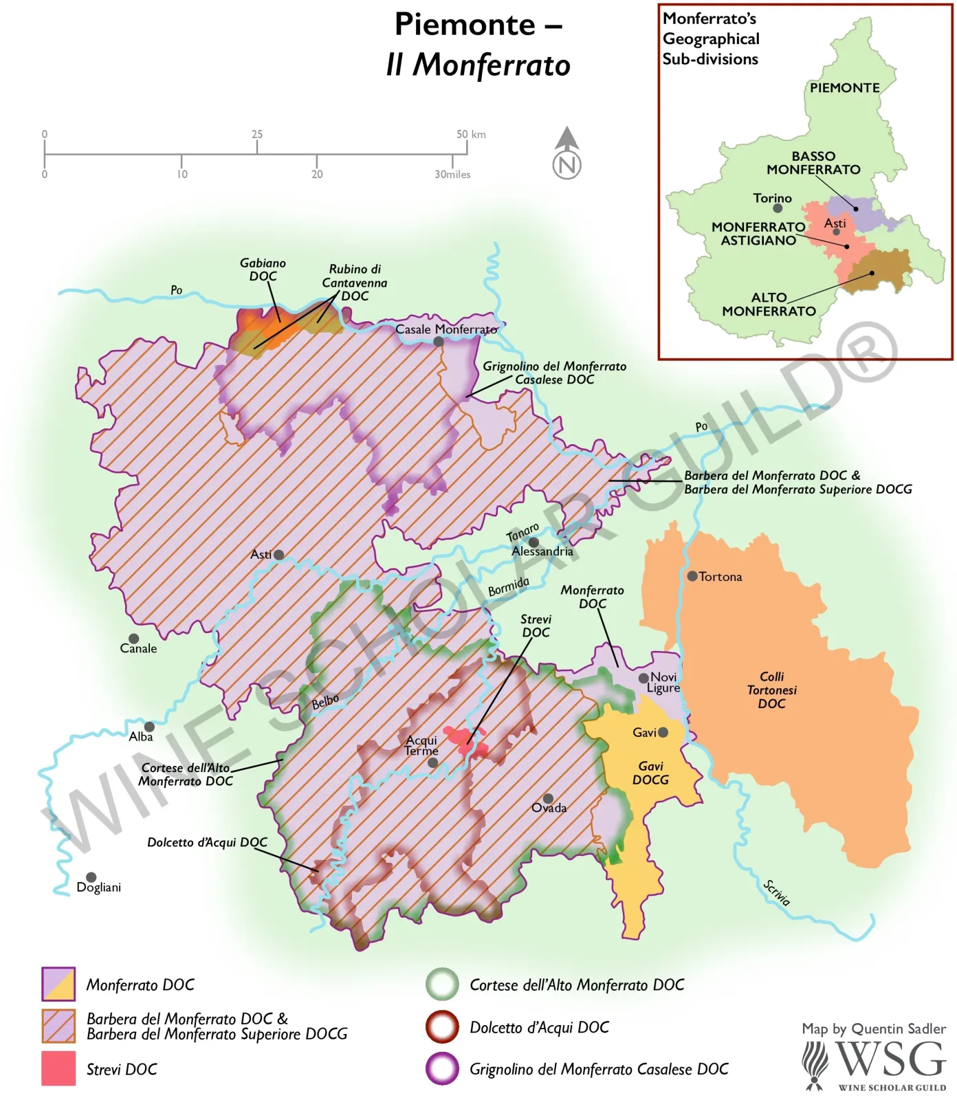 Piemonte Monferrato Wine Map by Wine Scholar Guild Monferrato wine map highlighting DOC/DOCG vineyards for Barbera, Dolcetto, Grignolino, and Moscato d’Asti.