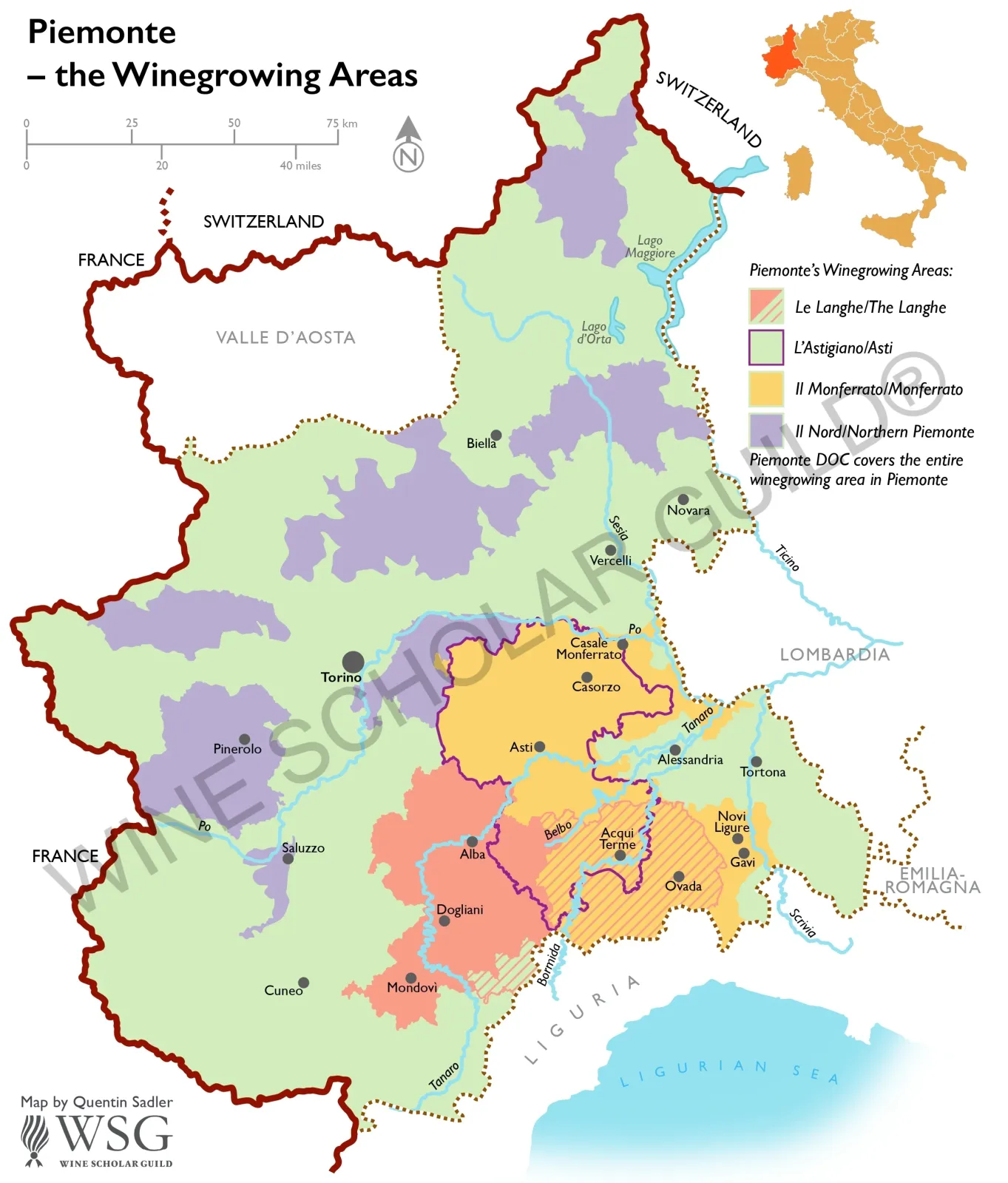 Piemonte Wine Map by Wine Scholar Guild Piemonte wine map highlighting vineyards and appellations including Barolo, Barbaresco, Asti, Monferrato, and Langhe.