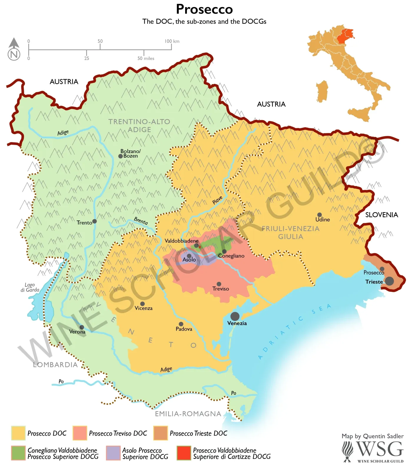 Prosecco Wine Map by Wine Scholar Guild Prosecco wine map featuring vineyards and appellations including Conegliano Valdobbiadene DOCG and Asolo Prosecco.