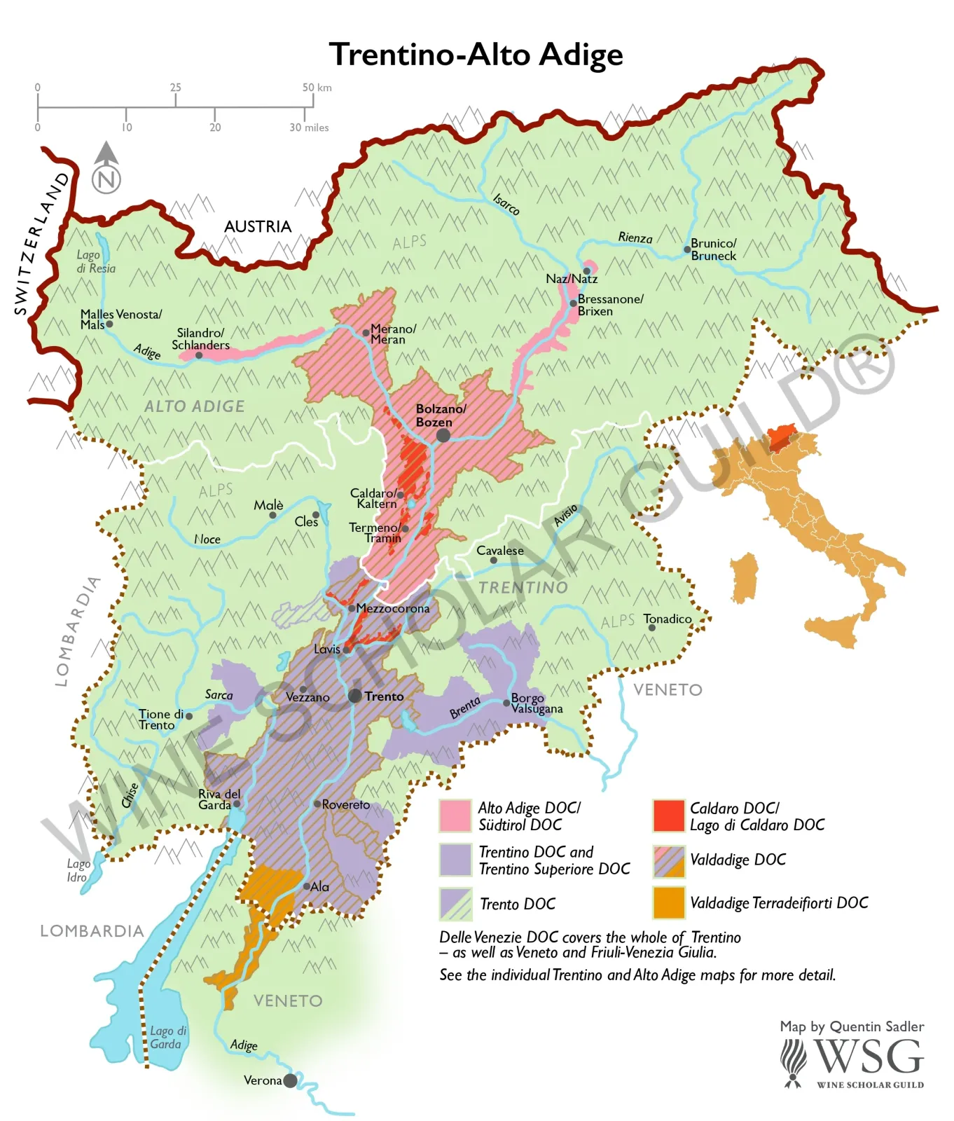 Trentino-Alto Adige Wine Map by Wine Scholar Guild Trentino-Alto Adige wine map highlighting vineyards and DOC zones such as Teroldego Rotaliano, Lagrein, and Pinot Grigio.
