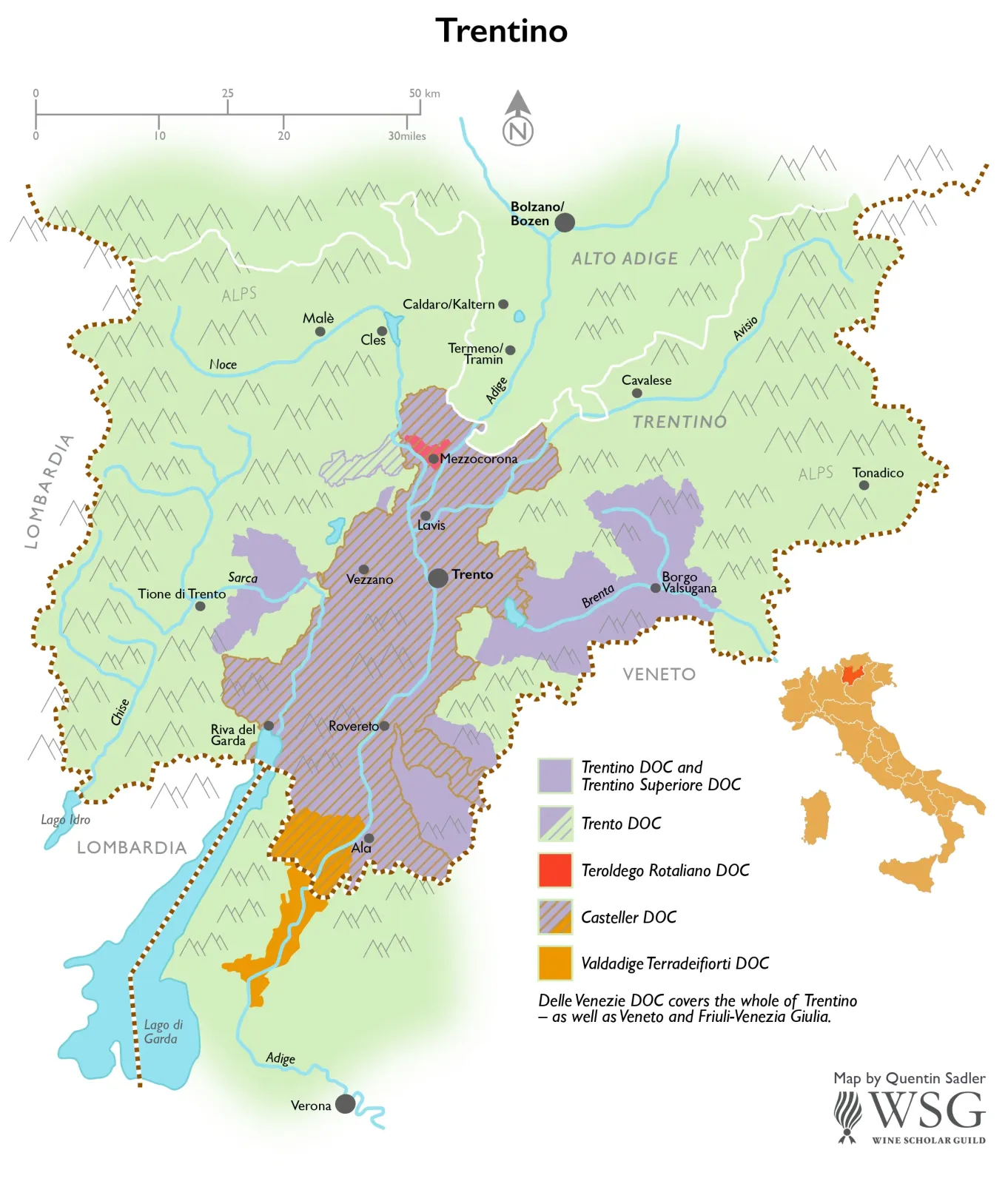Trentino Wine Map by Wine Scholar Guild Trentino wine map showing vineyards and appellations including Trento DOC, Teroldego Rotaliano, and Nosiola.