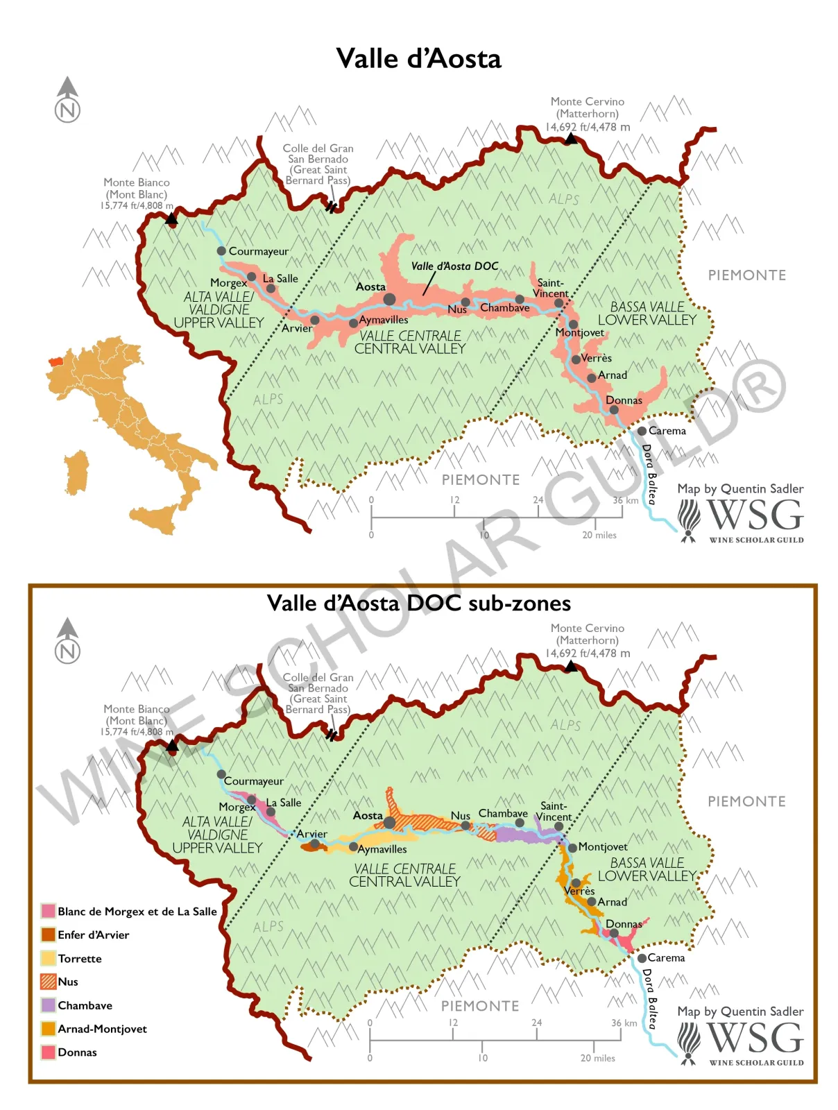Valle d'Aosta Wine Map by Wine Scholar Guild Valle d’Aosta wine map showing vineyards and appellations such as Enfer d’Arvier, Blanc de Morgex et de La Salle, and Torrette.