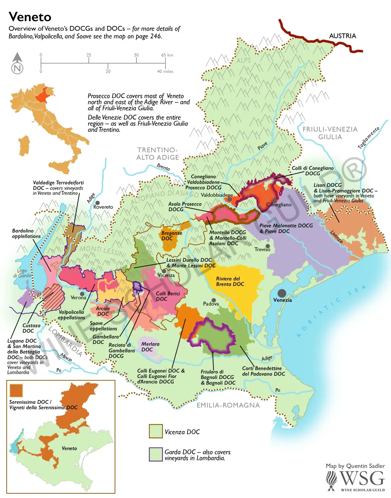 Veneto Wine Map by Wine Scholar Guild Veneto wine map featuring vineyards and appellations including Valpolicella, Soave, Prosecco, and Bardolino.