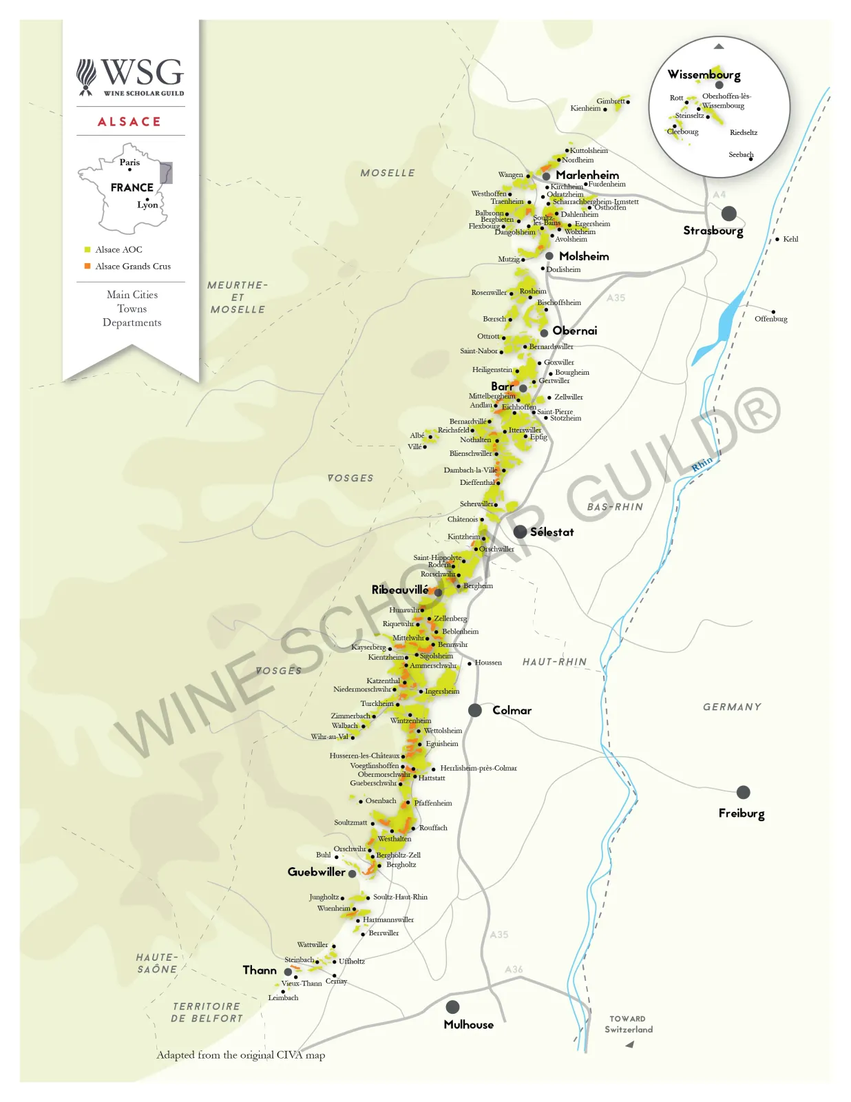 Detailed Alsace wine map featuring vineyards, wineries, and wine villages such as Colmar, Ribeauvillé, Riquewihr, and Eguisheim along the Alsace Wine Route. Alsace Wine Map by Wine Scholar Guild