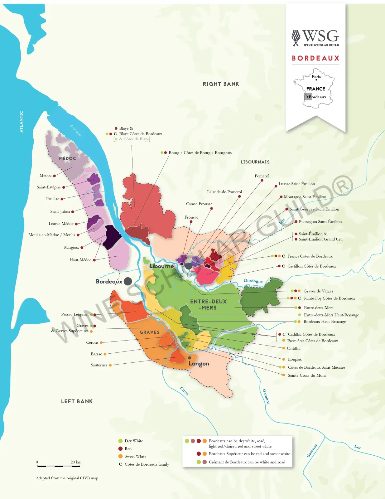 Bordeaux Wine Map by Wine Scholar Guild Detailed Bordeaux wine map illustrating Left Bank and Right Bank vineyards, appellations such as Médoc, Saint-Émilion, Pomerol, and Graves, with key wine estates and châteaux.