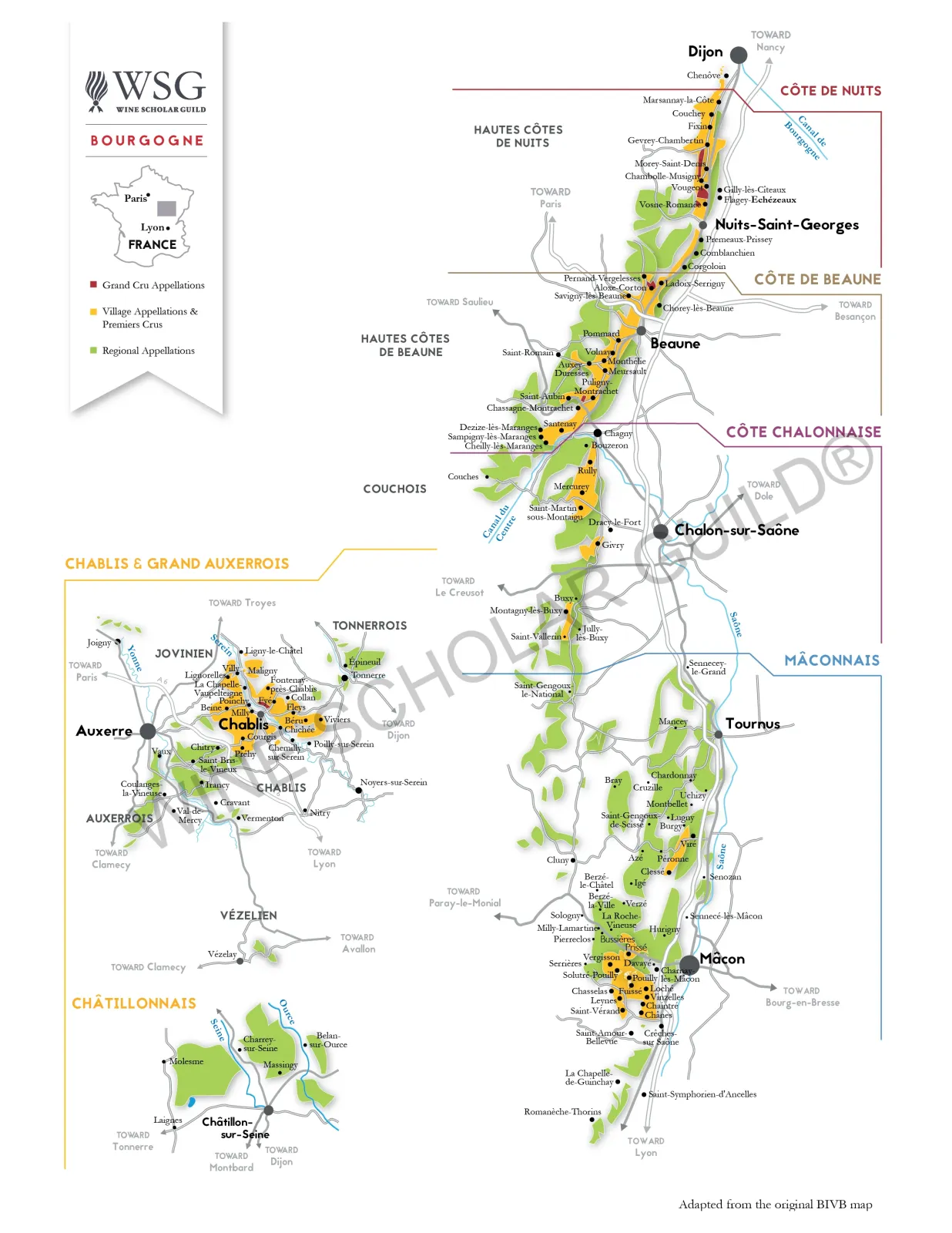 Bourgogne Wine Map by Wine Scholar Guild Burgundy wine map highlighting vineyards and appellations from Chablis to the Côte d’Or, Côte Chalonnaise, and Mâconnais.