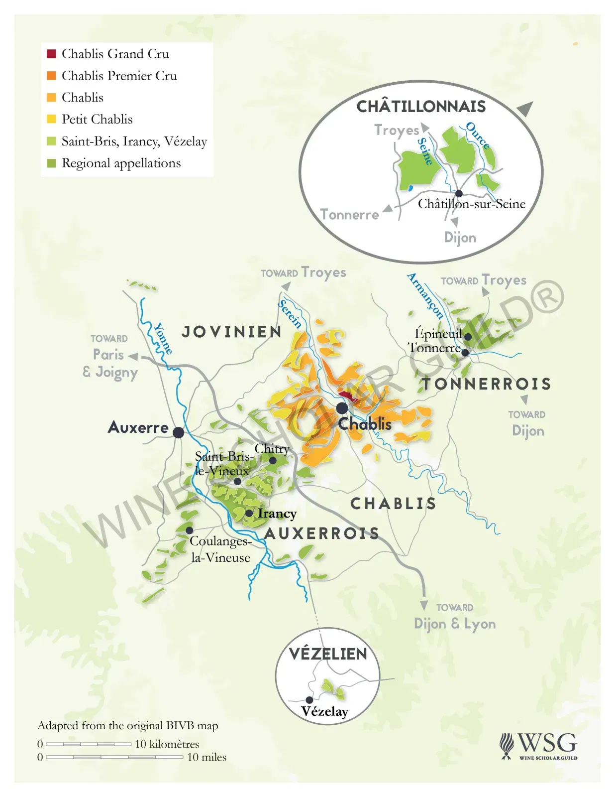 Bourgogne Chablis Wine Map by Wine Scholar Guild Chablis wine map showing vineyards and appellations including Petit Chablis, Chablis, Premier Cru, and Grand Cru sites in northern Burgundy.