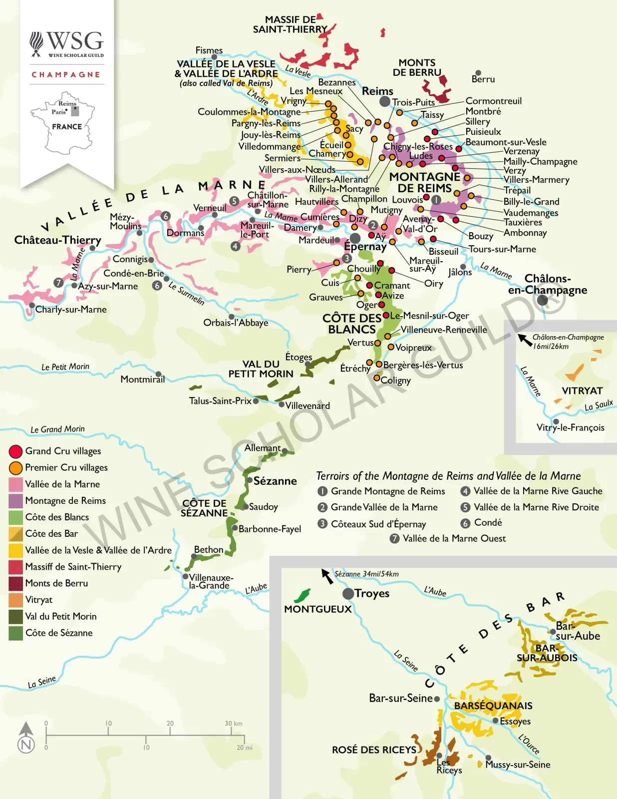 Champagne Wine Map by Wine Scholar Guild Champagne wine region map highlighting Montagne de Reims, Vallée de la Marne, Côte des Blancs, and Aube vineyards.