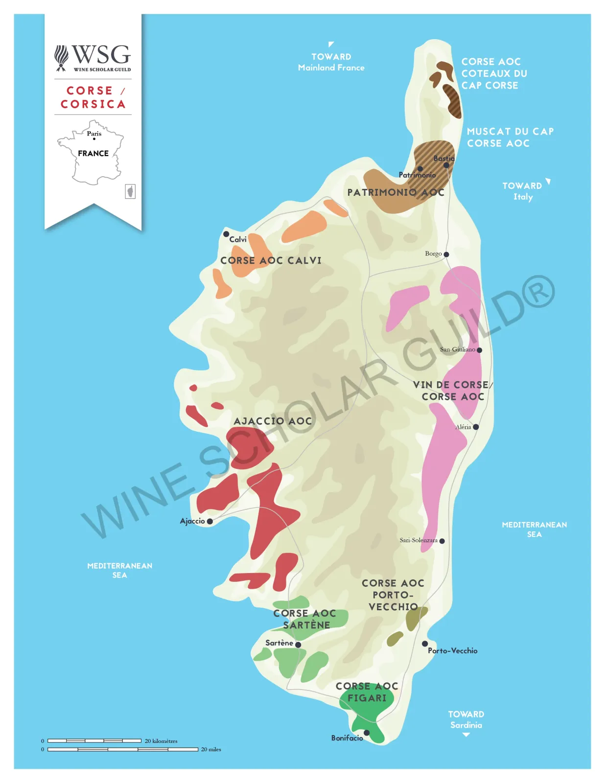 Corsica Wine Map by Wine Scholar Guild Corsica wine map showing vineyards and appellations including Patrimonio, Ajaccio, and Vin de Corse.