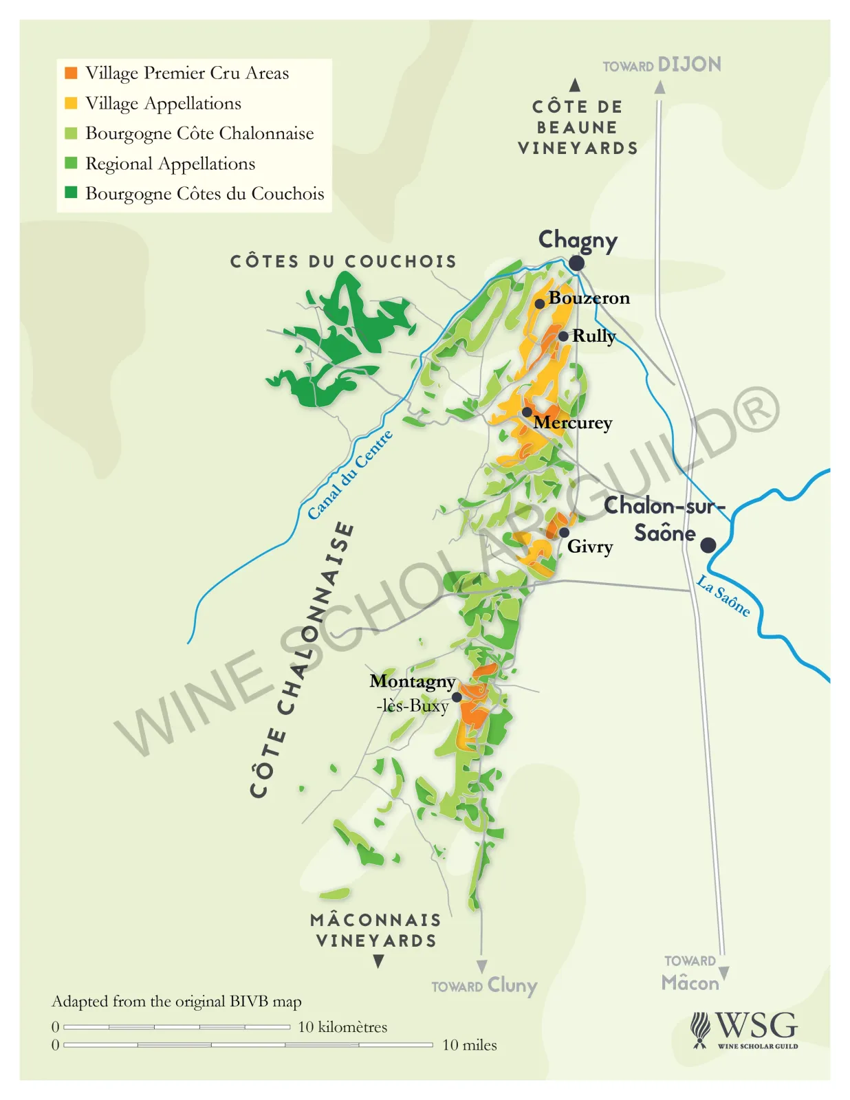 Bourgogne Cote Chalonnaise Wine Map by Wine Scholar Guild Côte Chalonnaise wine map highlighting appellations and vineyards in Mercurey, Rully, Givry, Montagny, and Bouzeron.
