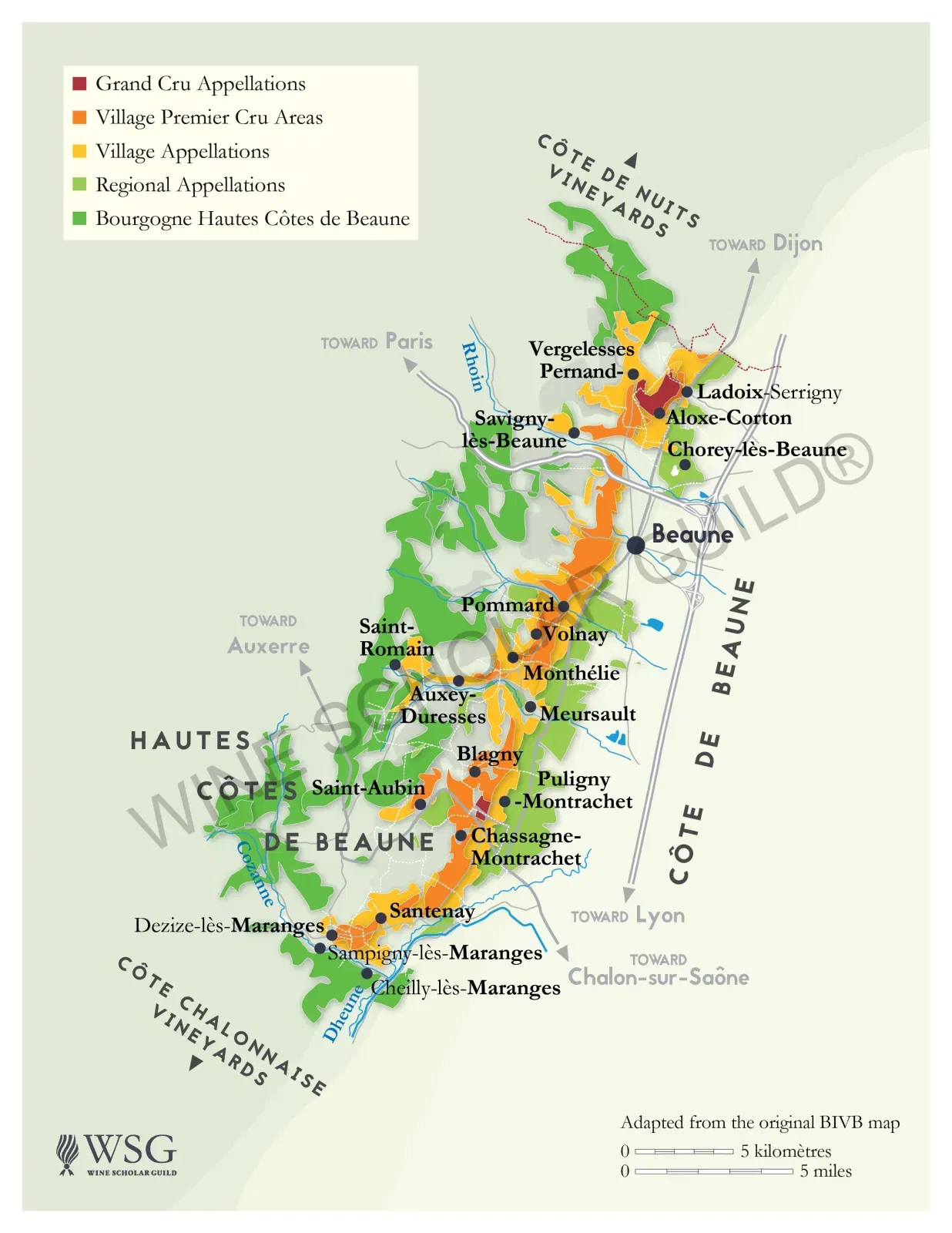 Bourgogne Cote de Beaune Wine Map by Wine Scholar Guild Côte de Beaune wine map displaying vineyards and villages including Meursault, Puligny-Montrachet, Chassagne-Montrachet, and Beaune.