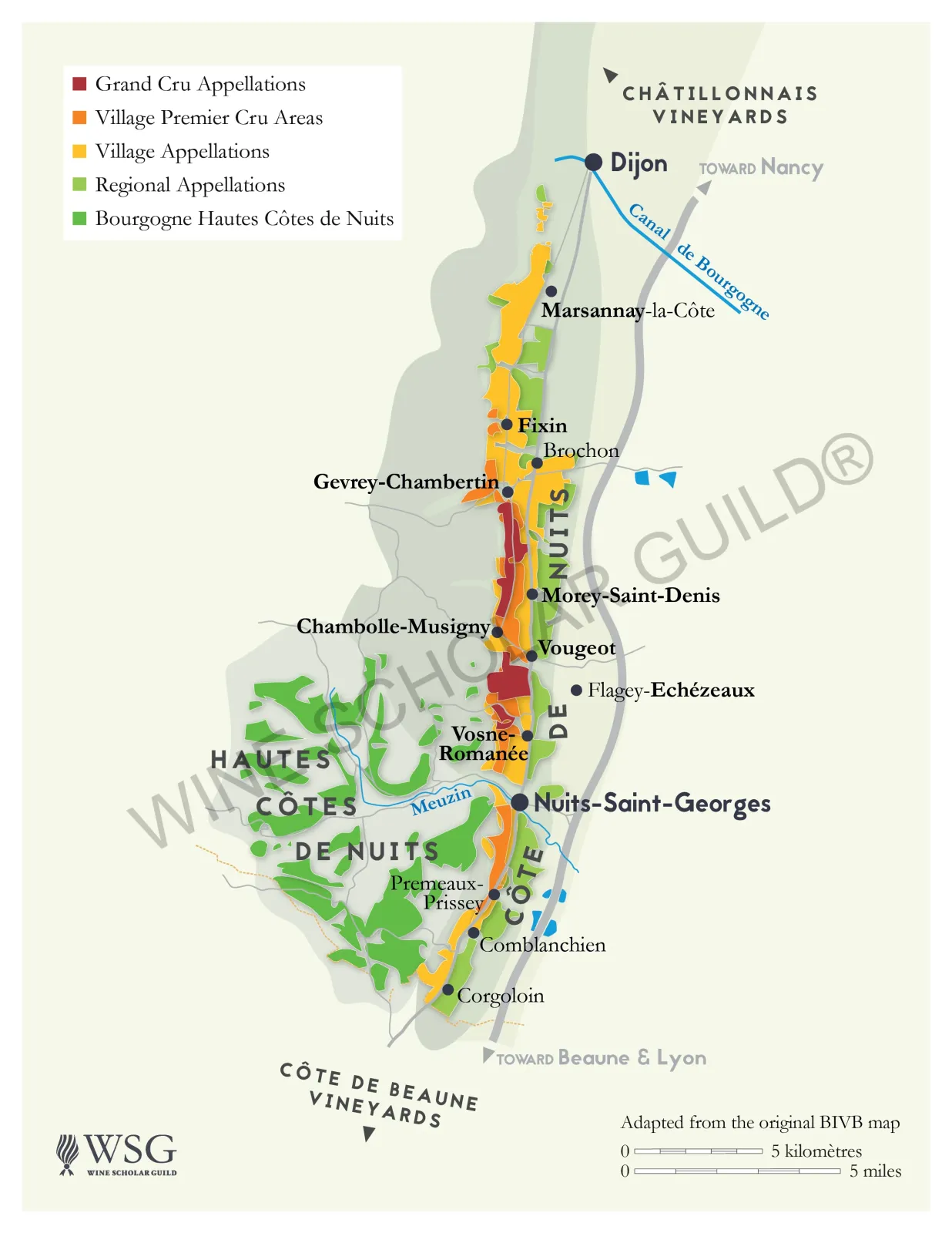 Bourgogne Cote de Nuits Wine Map by Wine Scholar Guild Côte de Nuits wine region map highlighting vineyards and famous villages such as Gevrey-Chambertin, Vosne-Romanée, and Nuits-Saint-Georges.