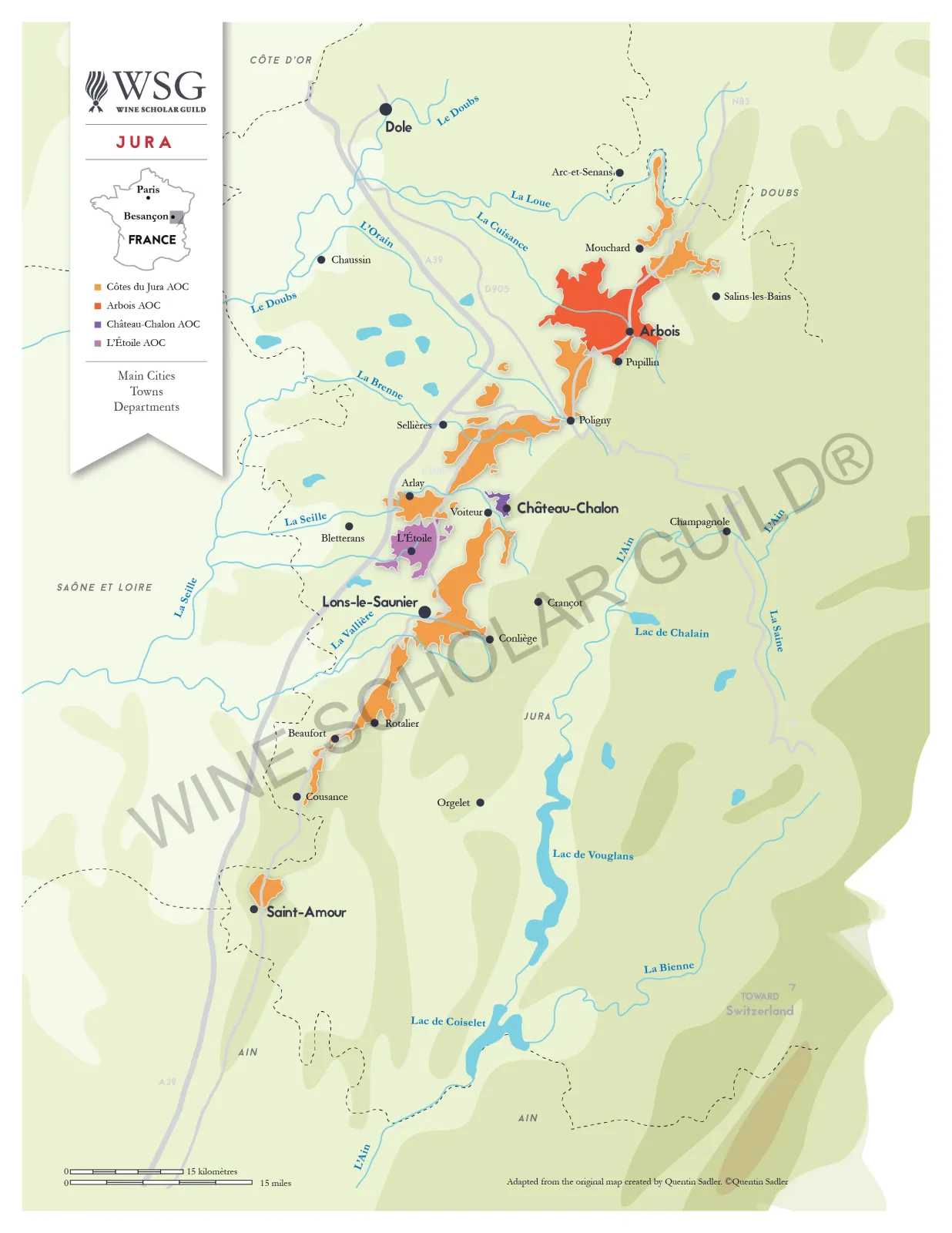 Jura Wine Map by Wine Scholar Guild Jura wine map showing vineyards and appellations including Arbois, Château-Chalon, and Côtes du Jura.