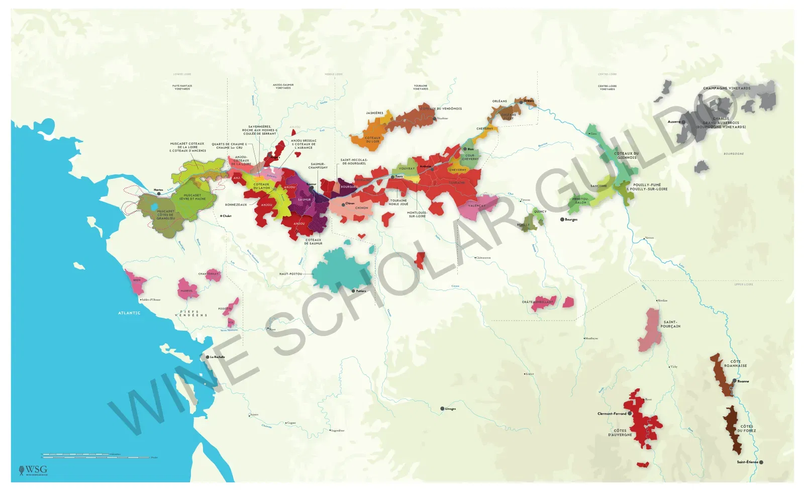 Loire Valley wine map featuring vineyards and appellations including Muscadet, Vouvray, Chinon, and Sancerre.
