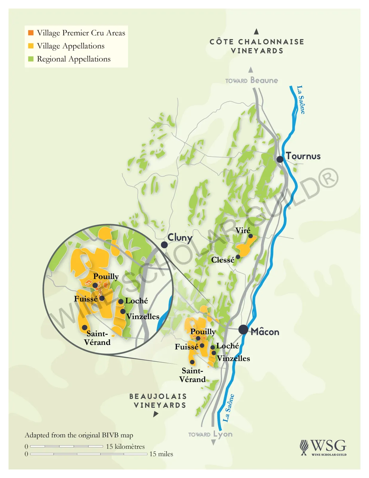Bourgogne Maconnais Wine Map by Wine Scholar Guild Mâconnais wine map featuring appellations and vineyards in Pouilly-Fuissé, Saint-Véran, and Mâcon.