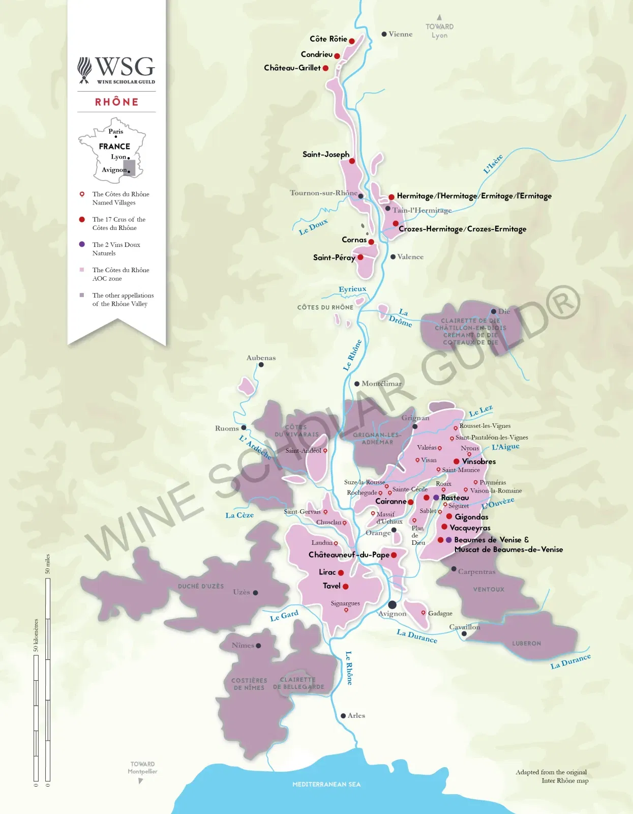 Rhone Valley Wine Map by Wine Scholar Guild Rhône Valley wine map showing vineyards and appellations across Northern and Southern Rhône, including Hermitage, Gigondas, and Châteauneuf-du-Pape.