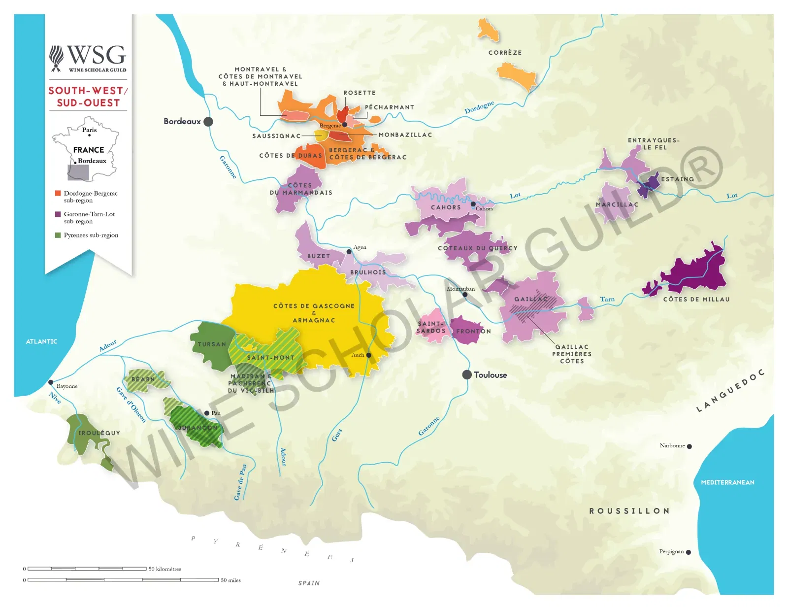 Southwest France Wine Map by Wine Scholar Guild Southwest France wine map highlighting vineyards and appellations including Cahors, Madiran, Gaillac, and Jurançon.