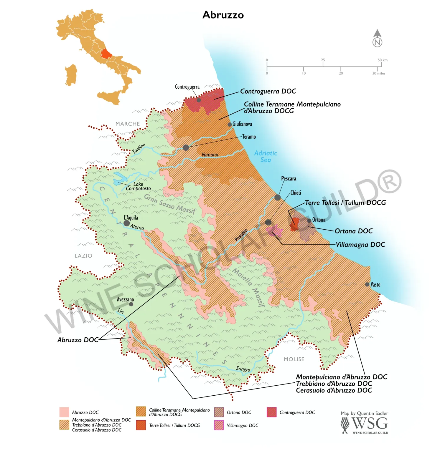 Abruzzo Wine Map by Wine Scholar Guild Wine maps of Southern Italy featuring vineyards and appellations in Campania, Calabria, Sicily, Sardinia, Basilicata, and Puglia.