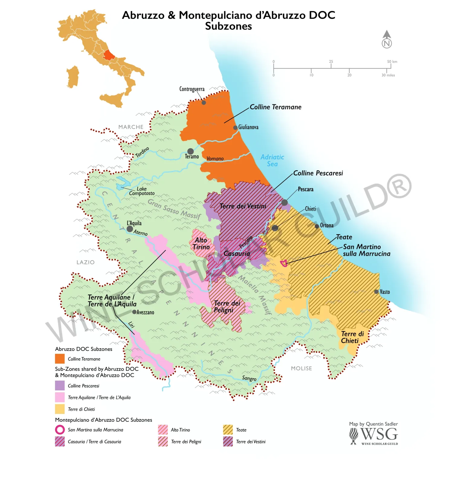 Abruzzo Subzones Wine Map by Wine Scholar Guild Abruzzo subzones wine map highlighting vineyards in Colline Teramane, Chieti, Pescara, and L’Aquila.