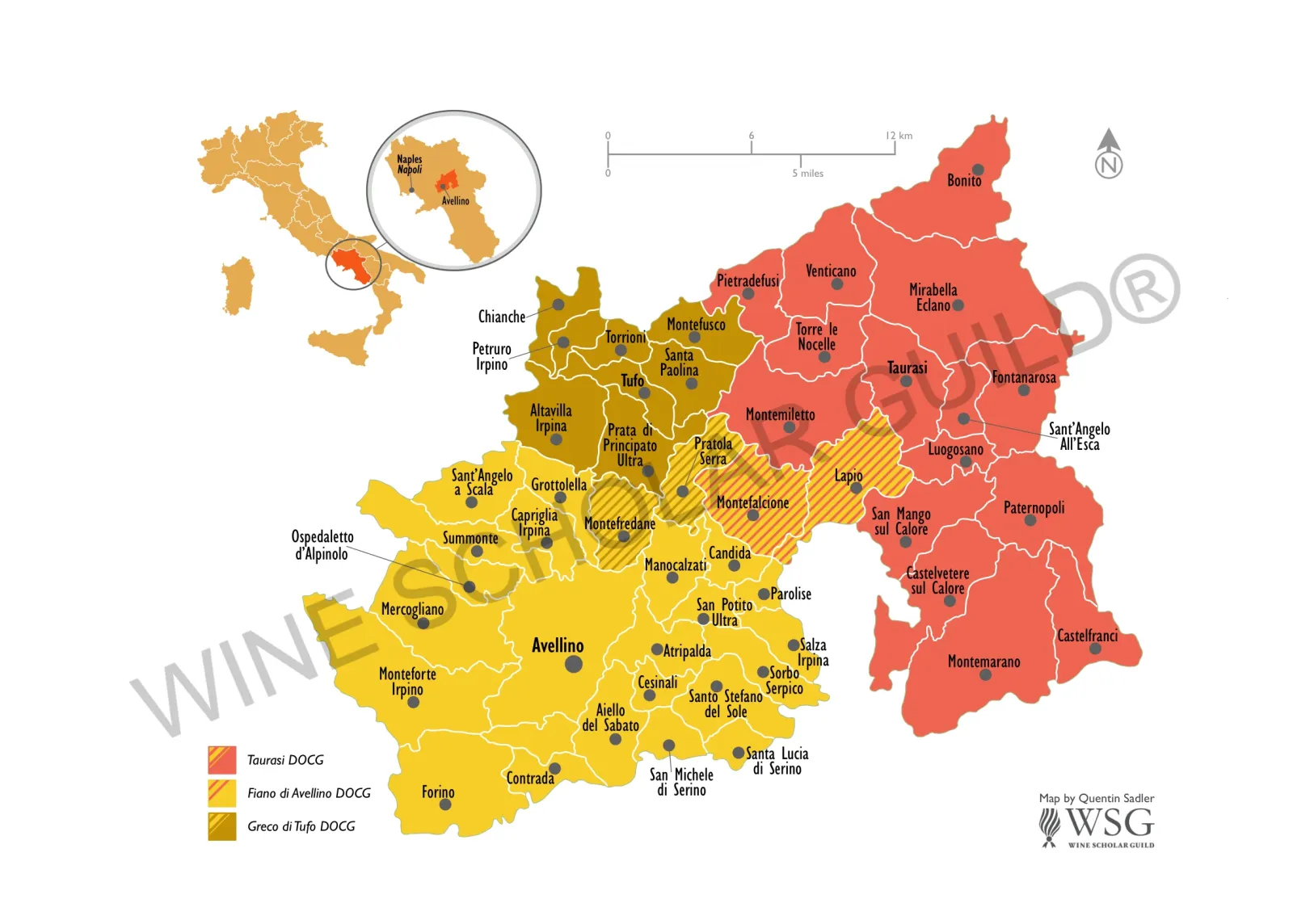 Avellino wine map highlighting vineyards and DOCG zones for Greco di Tufo, Fiano di Avellino, and Taurasi in Campania.