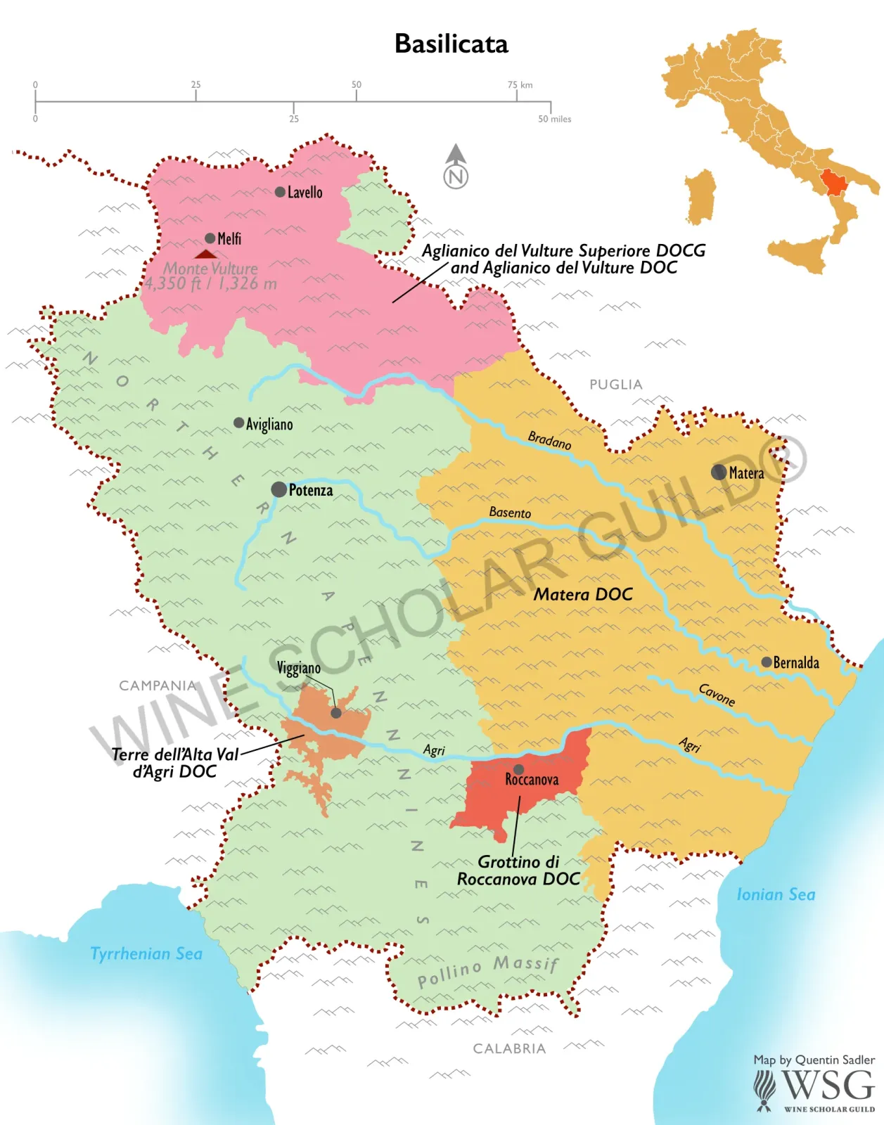 Basilicata wine map showing vineyards and appellations such as Aglianico del Vulture DOCG and Matera DOC.
