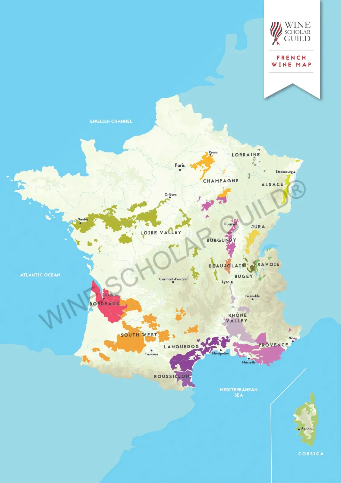 French Wine Regions Map by Wine Scholar Guild Comprehensive French wine regions map displaying vineyards, wine routes, and appellations across Bordeaux, Burgundy, Champagne, Rhône, Loire Valley, Alsace, Provence, and other key regions.