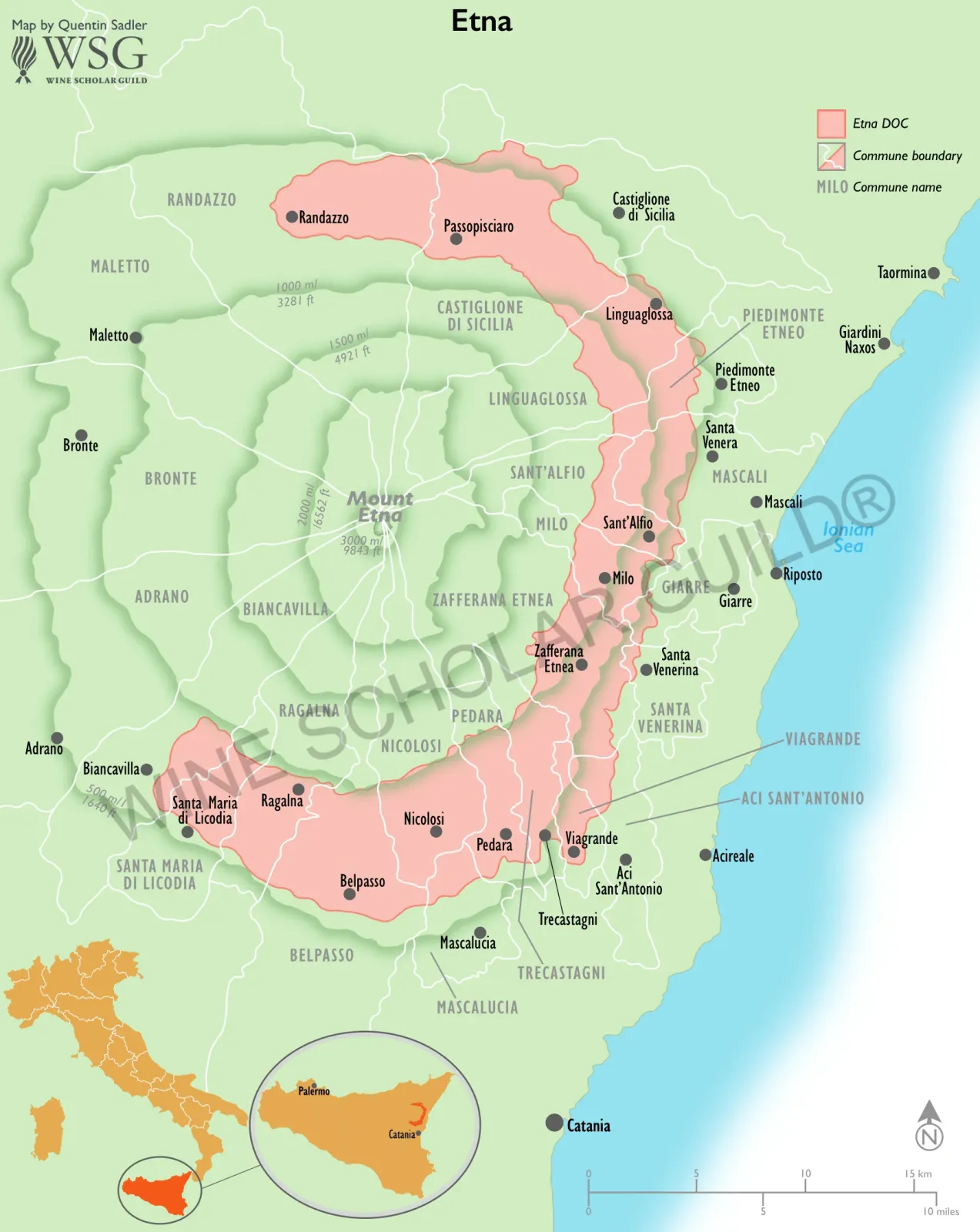 Etna Wine Map by Wine Scholar Guild Etna wine map showing vineyards and DOC zones around Mount Etna producing Nerello Mascalese and Carricante wines.