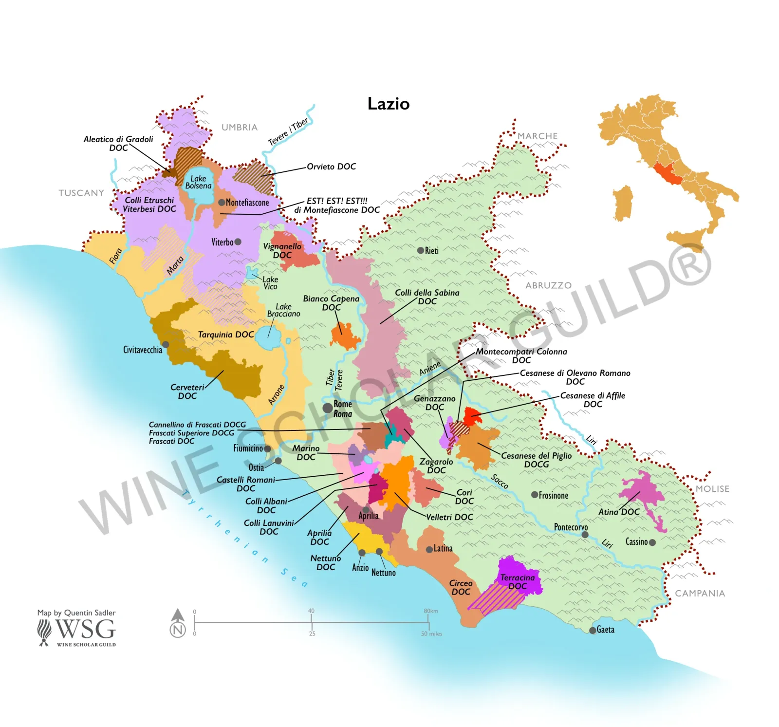 Lazio Wine Map by Wine Scholar Guild Lazio wine map showing vineyards and appellations including Frascati, Cesanese del Piglio.