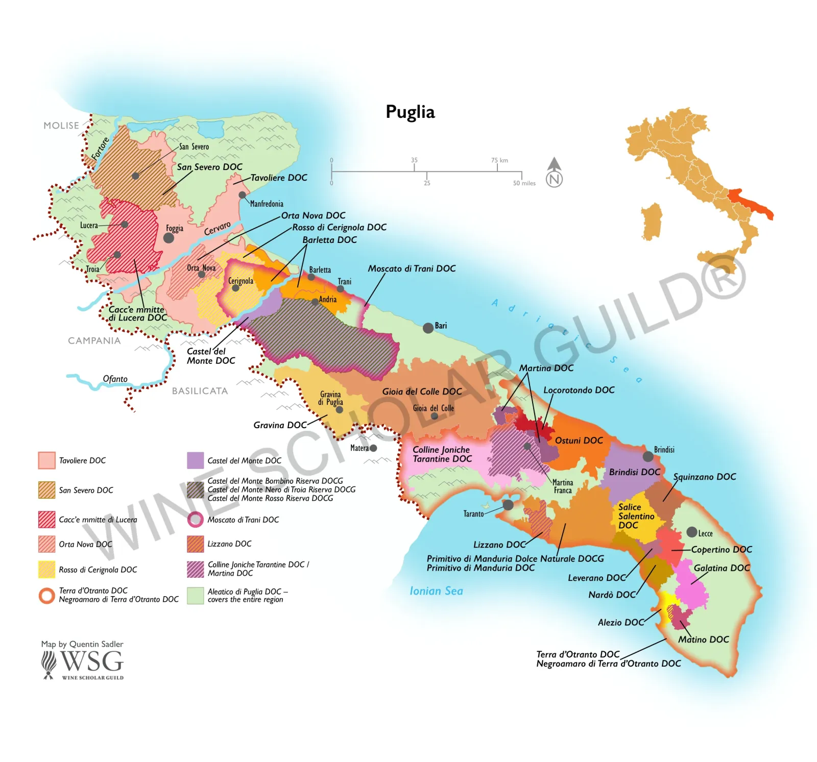 Puglia Wine Map by Wine Scholar Guild Puglia wine map highlighting vineyards and appellations including Salice Salentino, Primitivo di Manduria, and Castel del Monte.