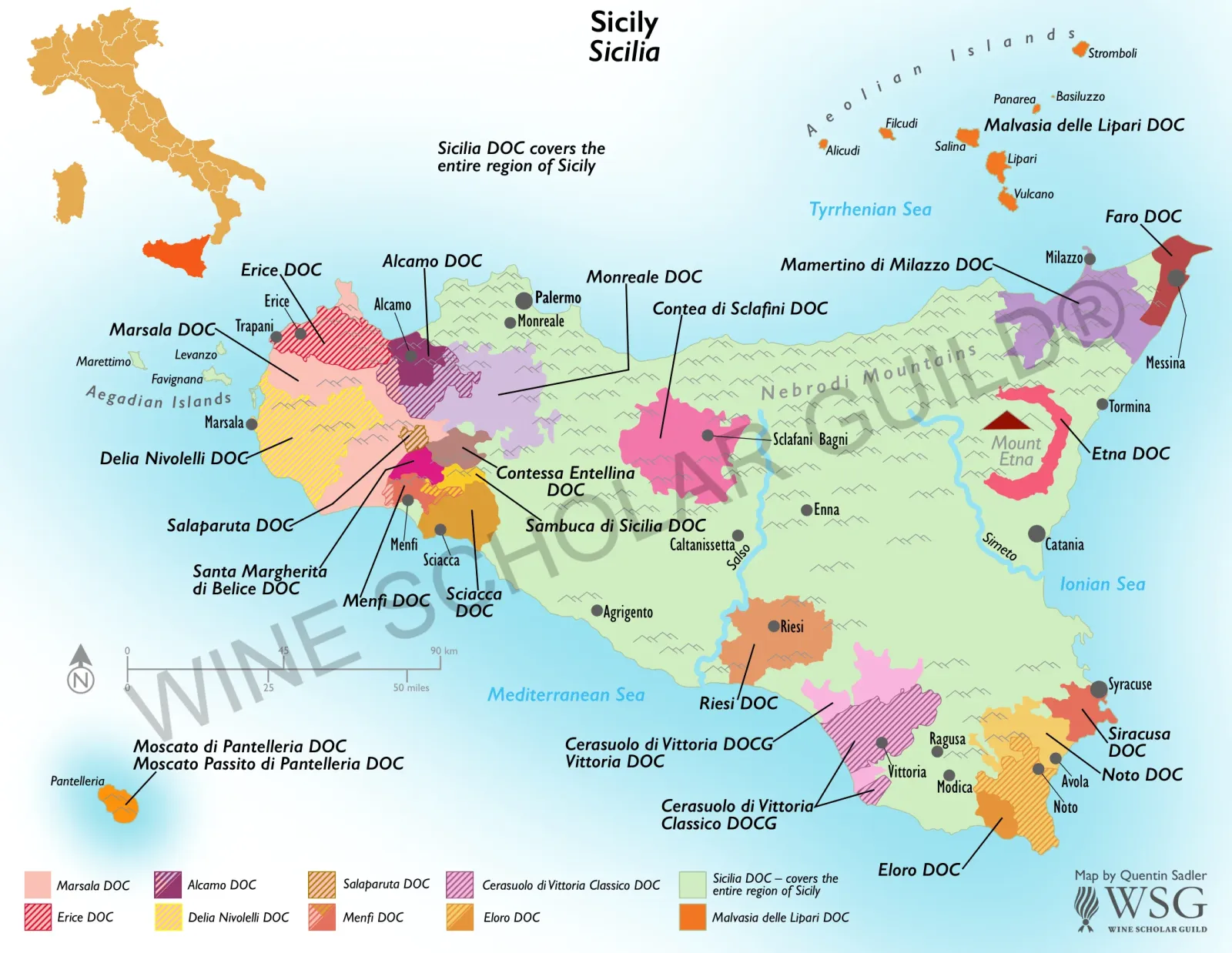 Sicily Wine Map by Wine Scholar Guild Sicily wine map highlighting vineyards and appellations including Etna, Marsala, Nero d’Avola, and Cerasuolo di Vittoria.