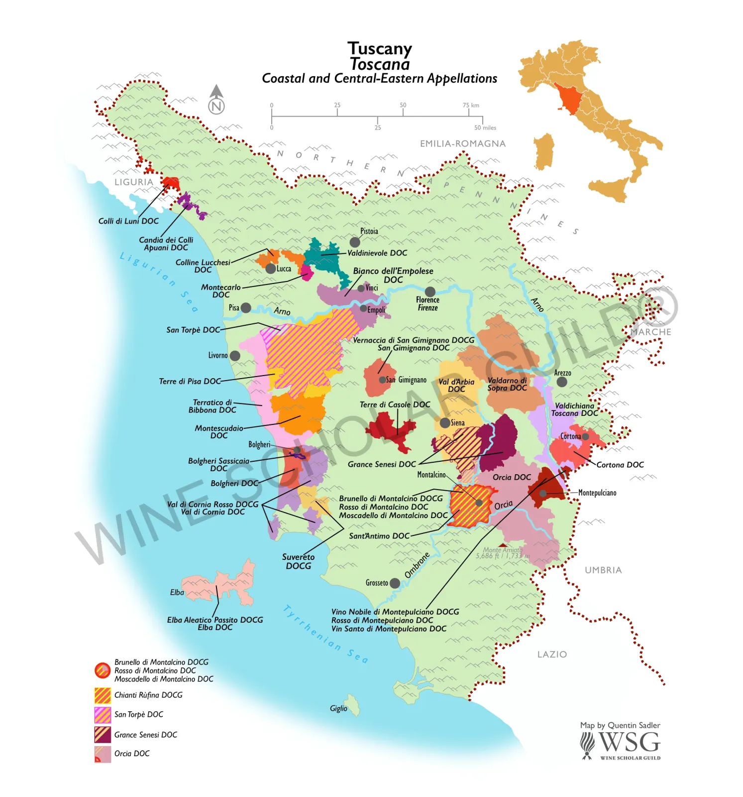 Tuscany-Coastal-Central-Eastern Wine Map by Wine Scholar Guild Tuscany wine map highlighting vineyards and appellations including Bolgheri, Maremma, and Chianti subzones.