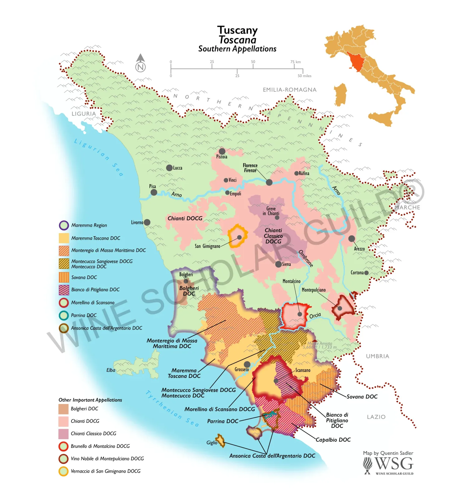 Southern Tuscany wine map showing vineyards and appellations including Montalcino, Montepulciano, and Morellino di Scansano.