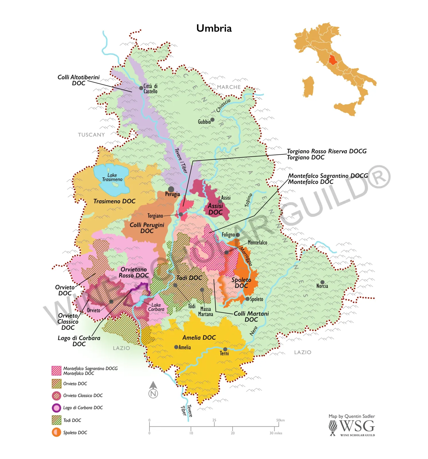 Umbria Wine Map by Wine Scholar Guild Umbria wine map highlighting vineyards and appellations including Sagrantino di Montefalco, Torgiano Rosso Riserva, and Orvieto.