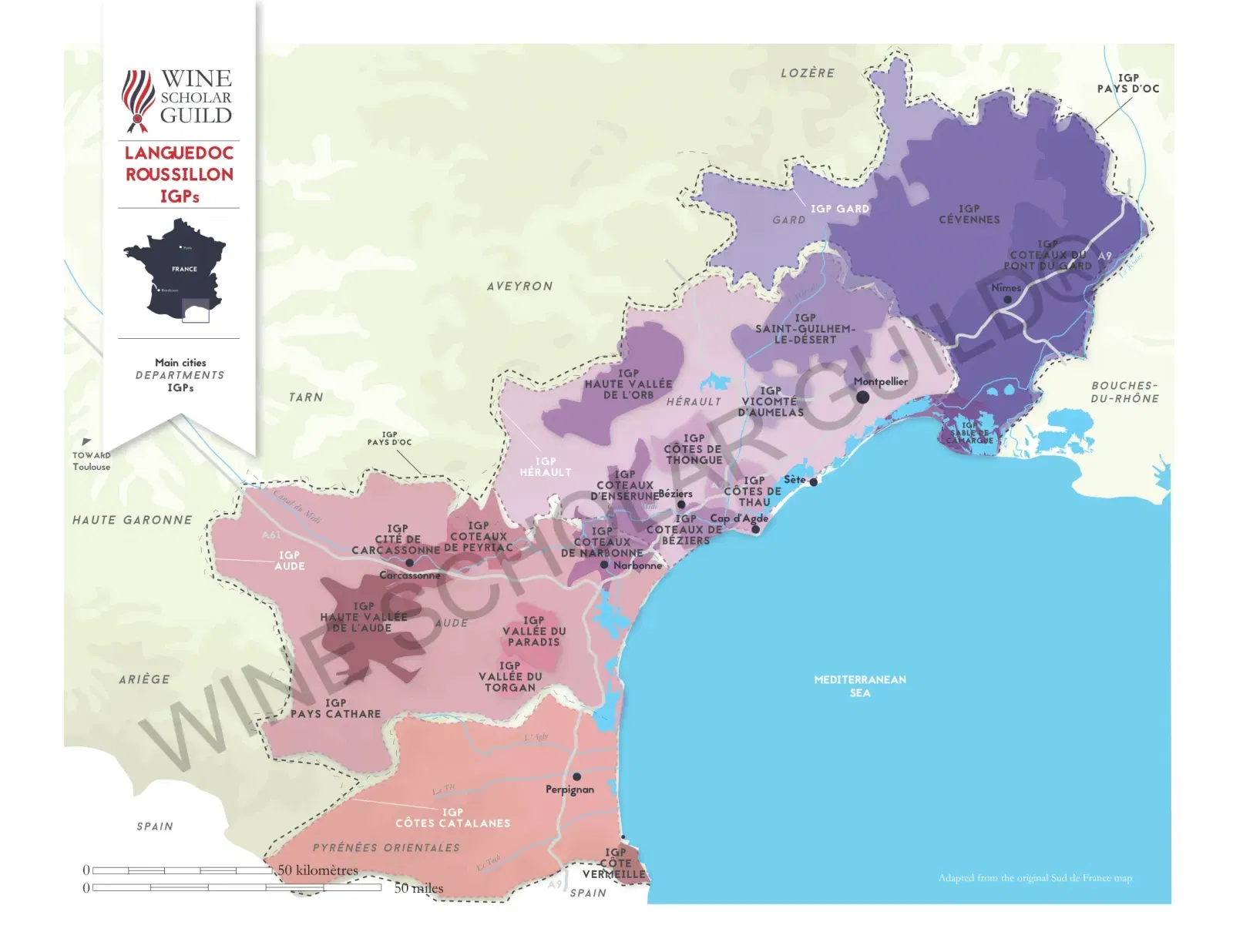 Languedoc Roussillon IGP Wine Map by Wine Scholar Guild IGP Languedoc-Roussillon wine map showing vineyards and geographical wine indications across the Mediterranean coast.